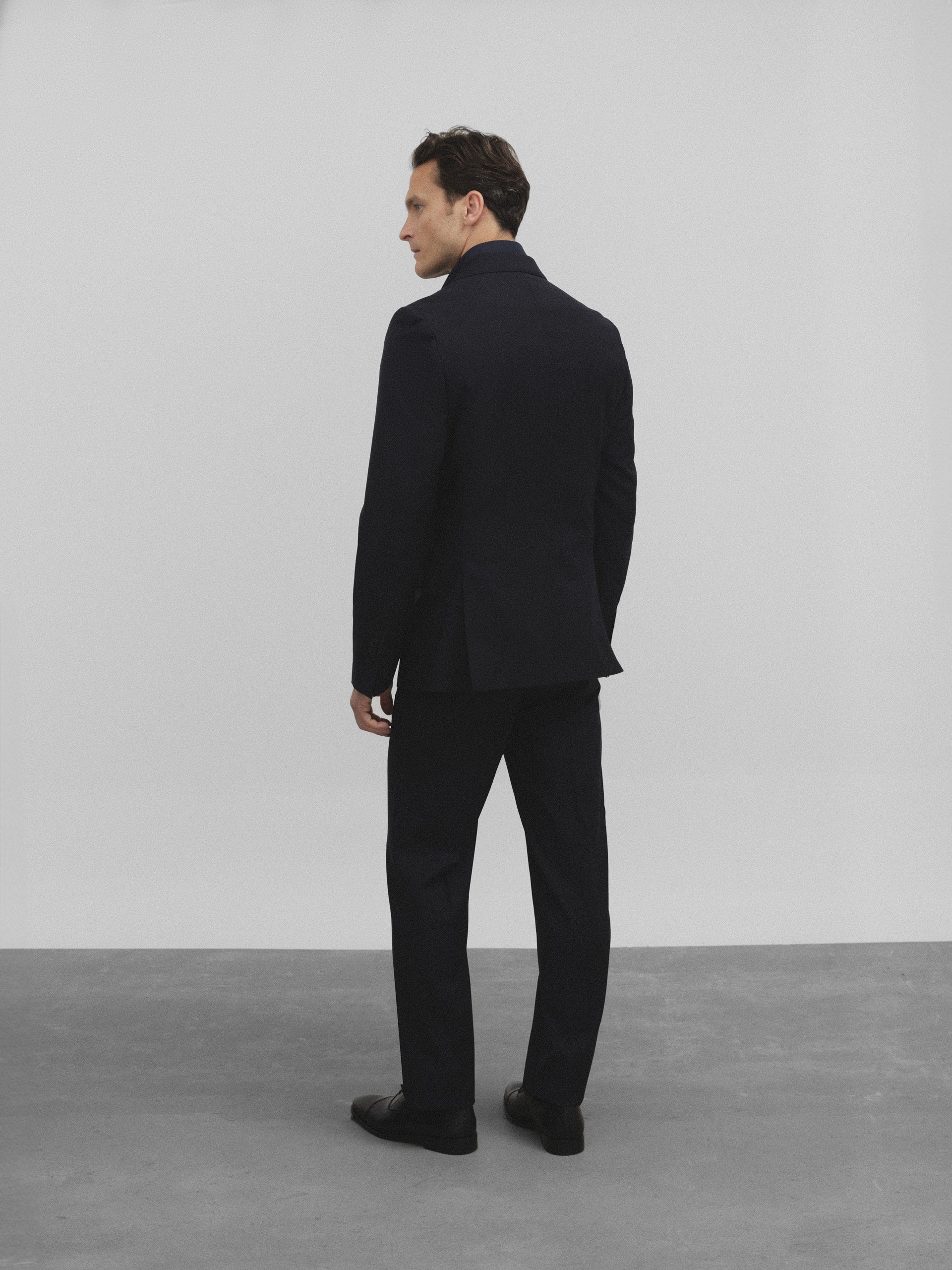 Navy blue stretch double-breasted suit pants