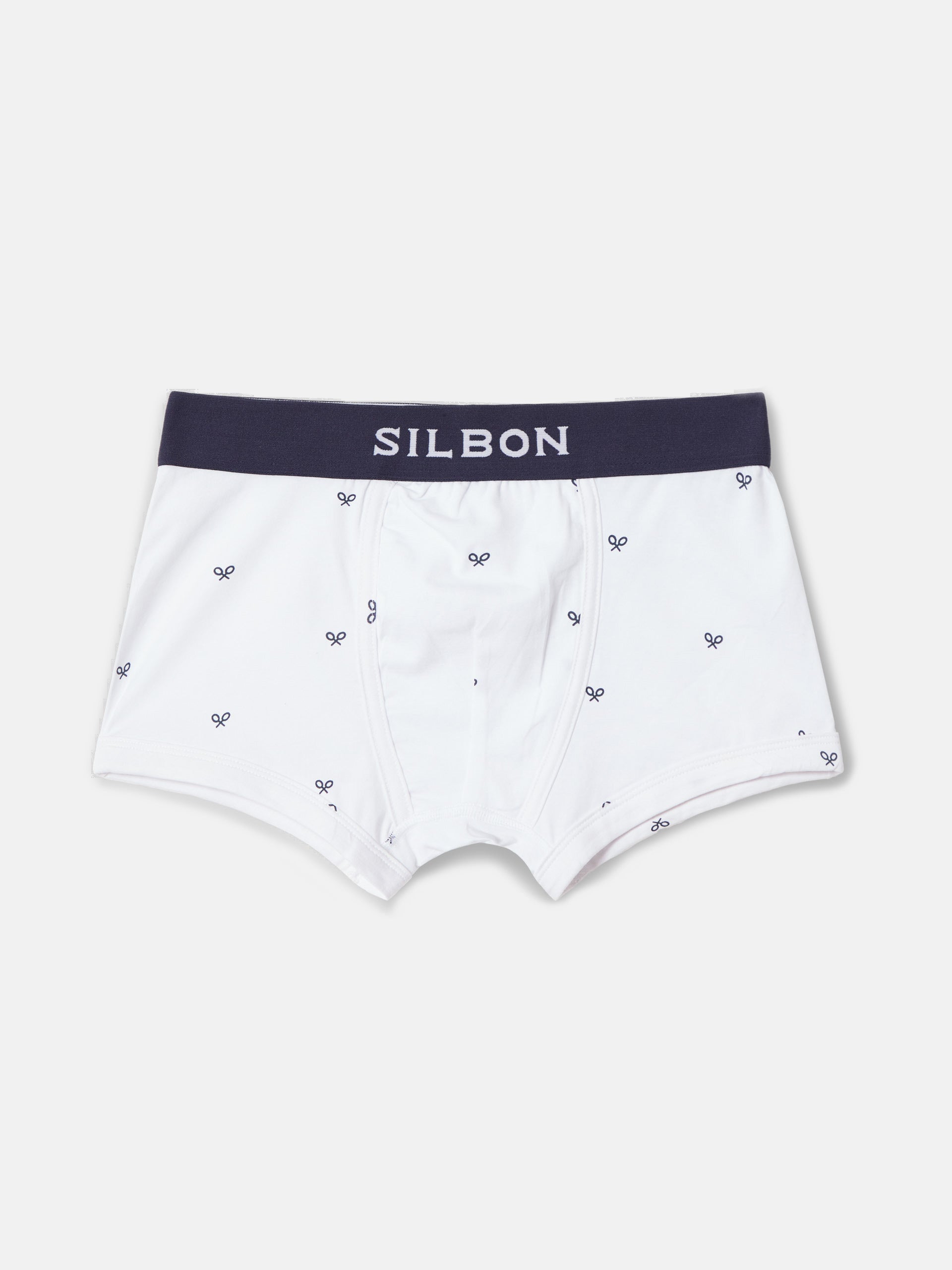 White boxer with navy rackets