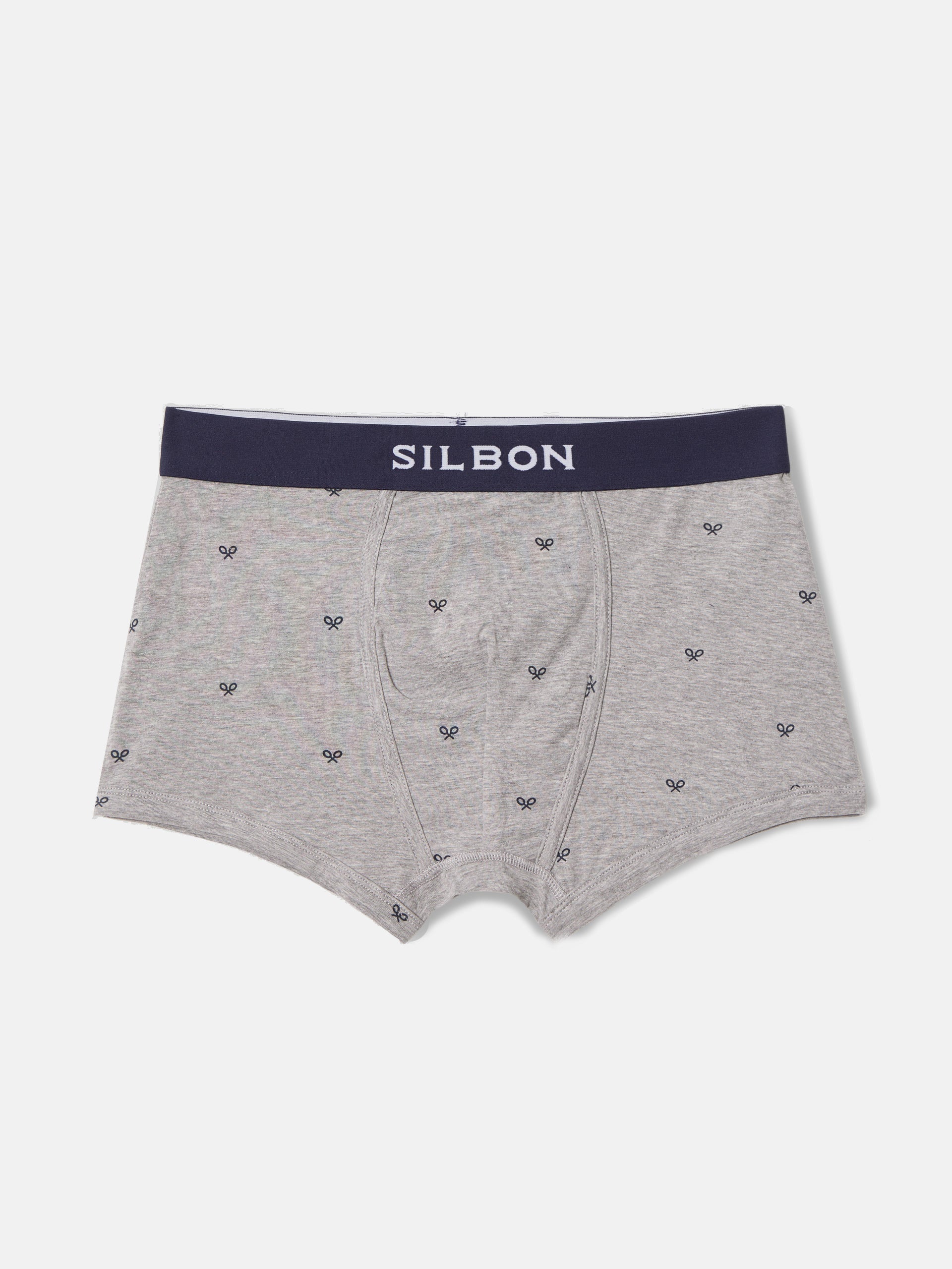 Gray boxer with navy rackets