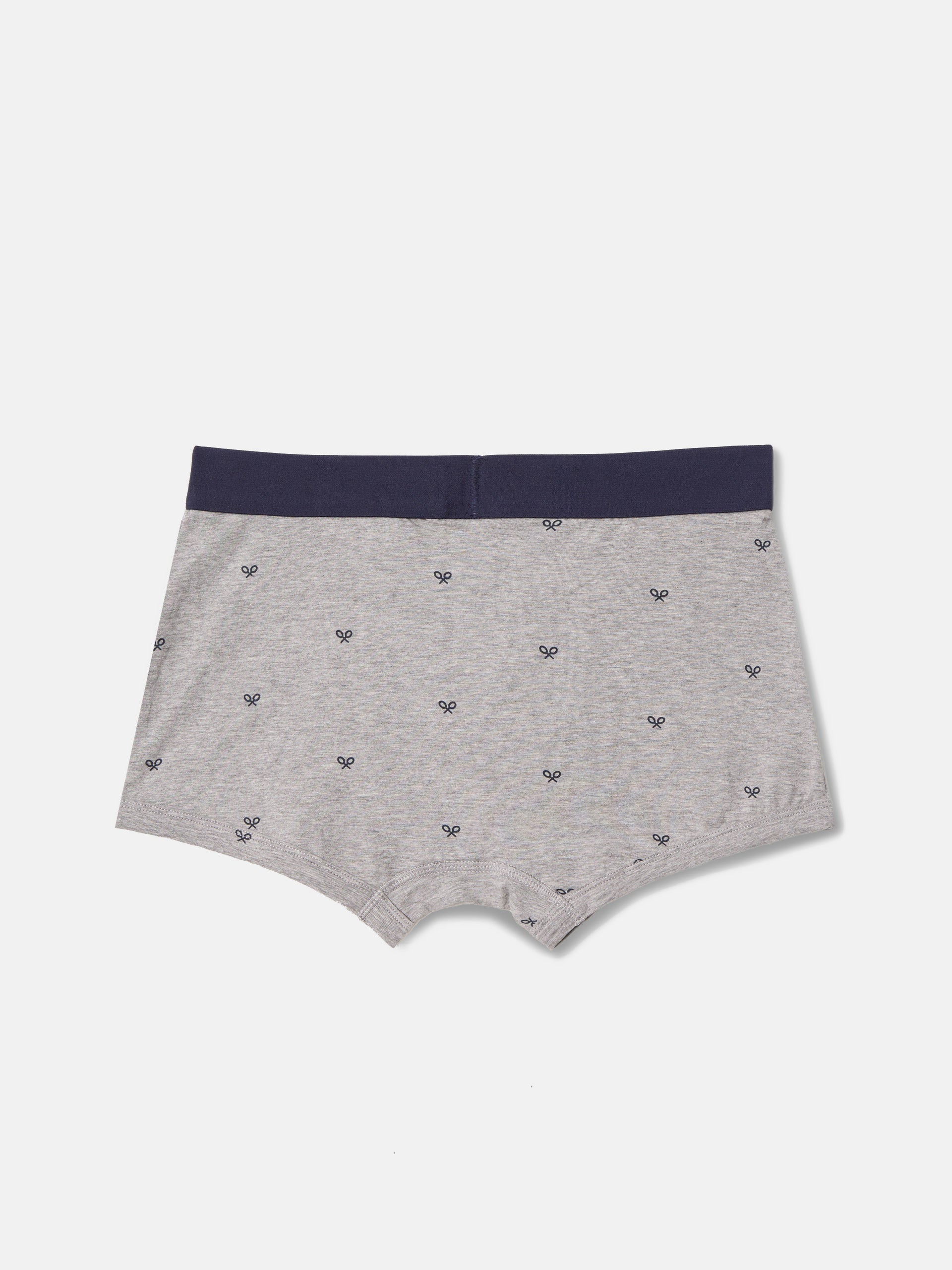 Gray boxer with navy rackets