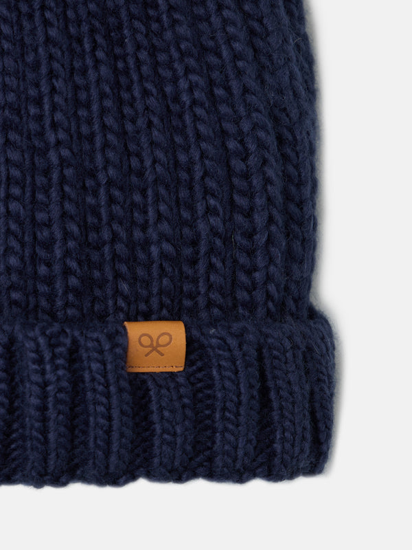 Navy pompom knit kids hat