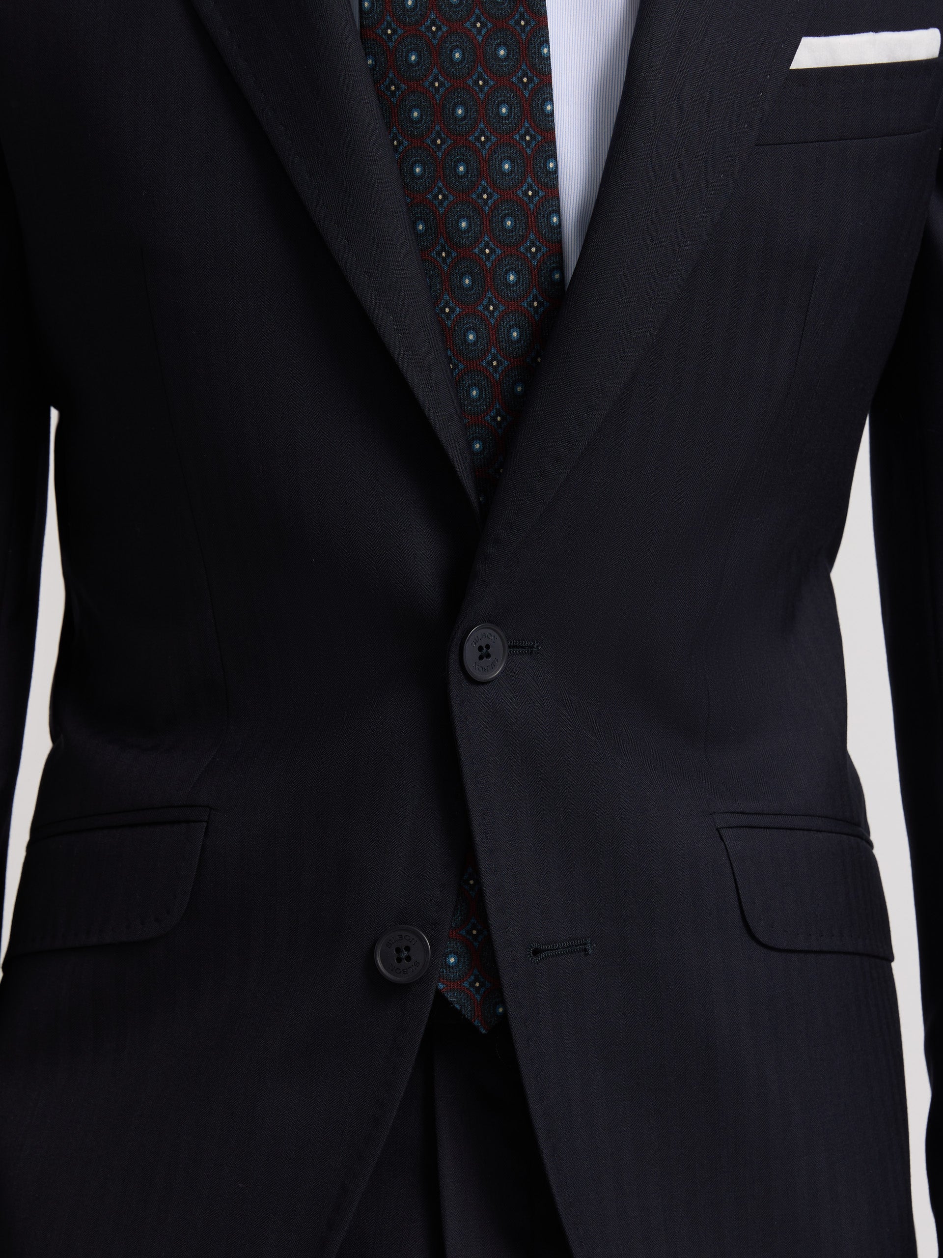 Classic navy blue herringbone suit jacket