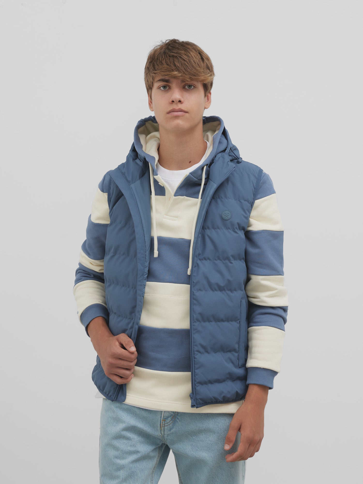 Blue hooded padded vest