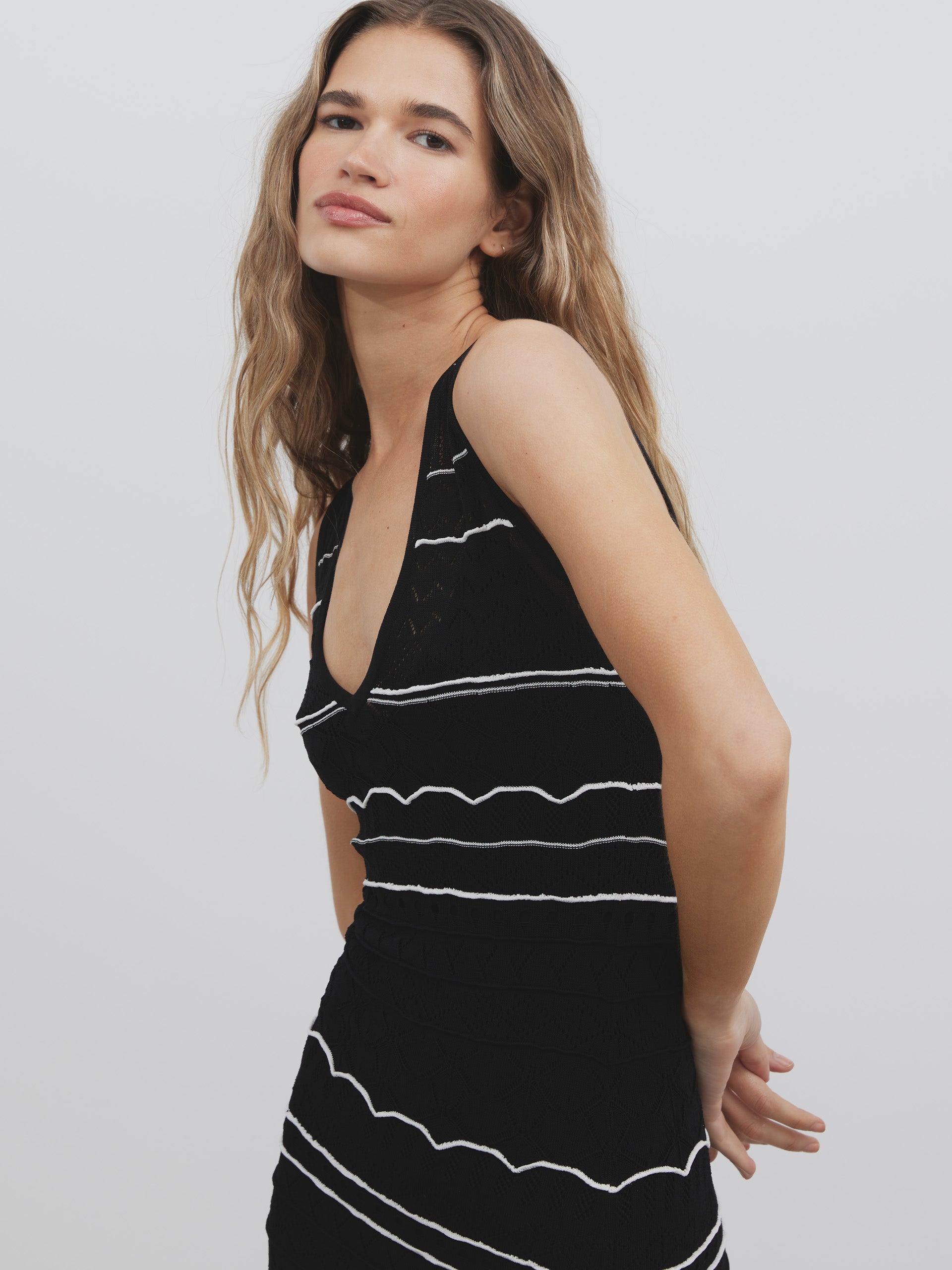 Long black and white striped knit dress