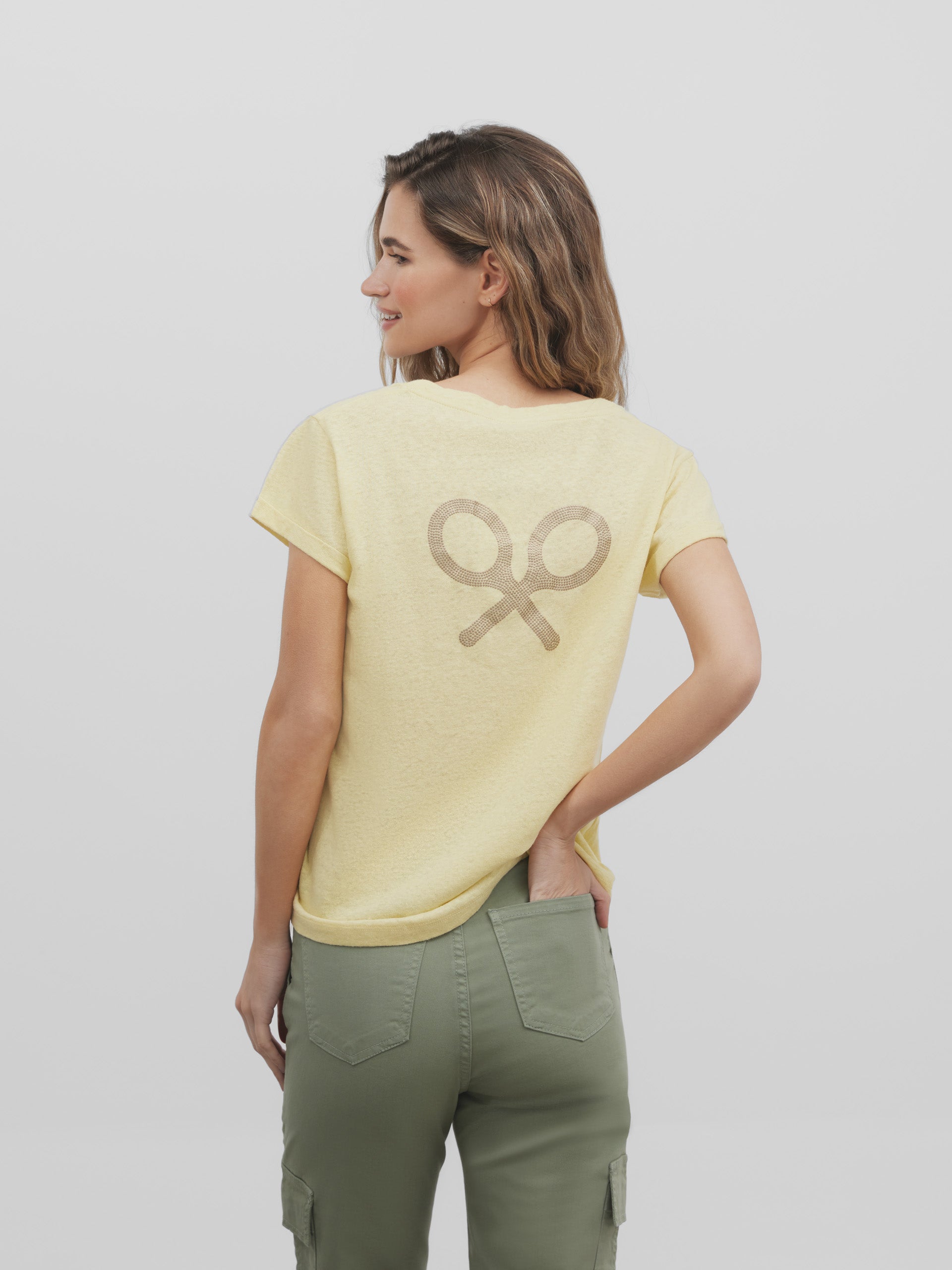 Yellow glitter racket linen t-shirt