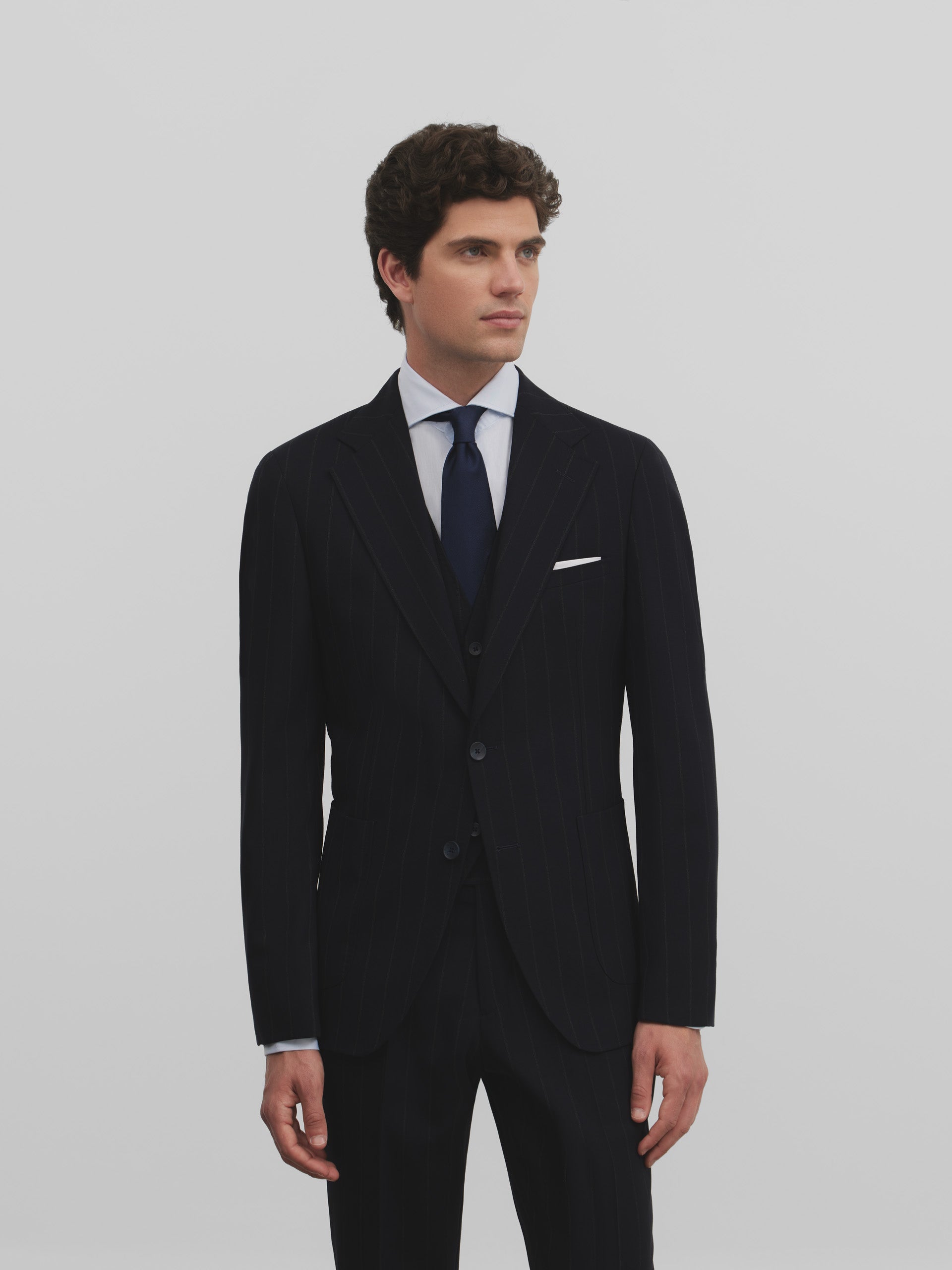 Navy blue pinstripe suit jacket