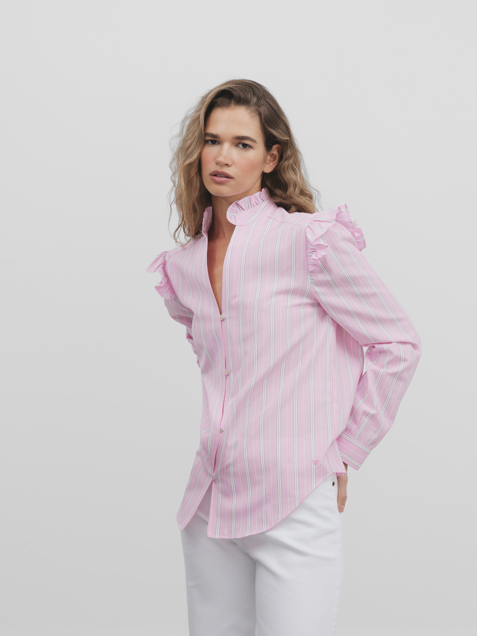 Pink striped ruffle shirt