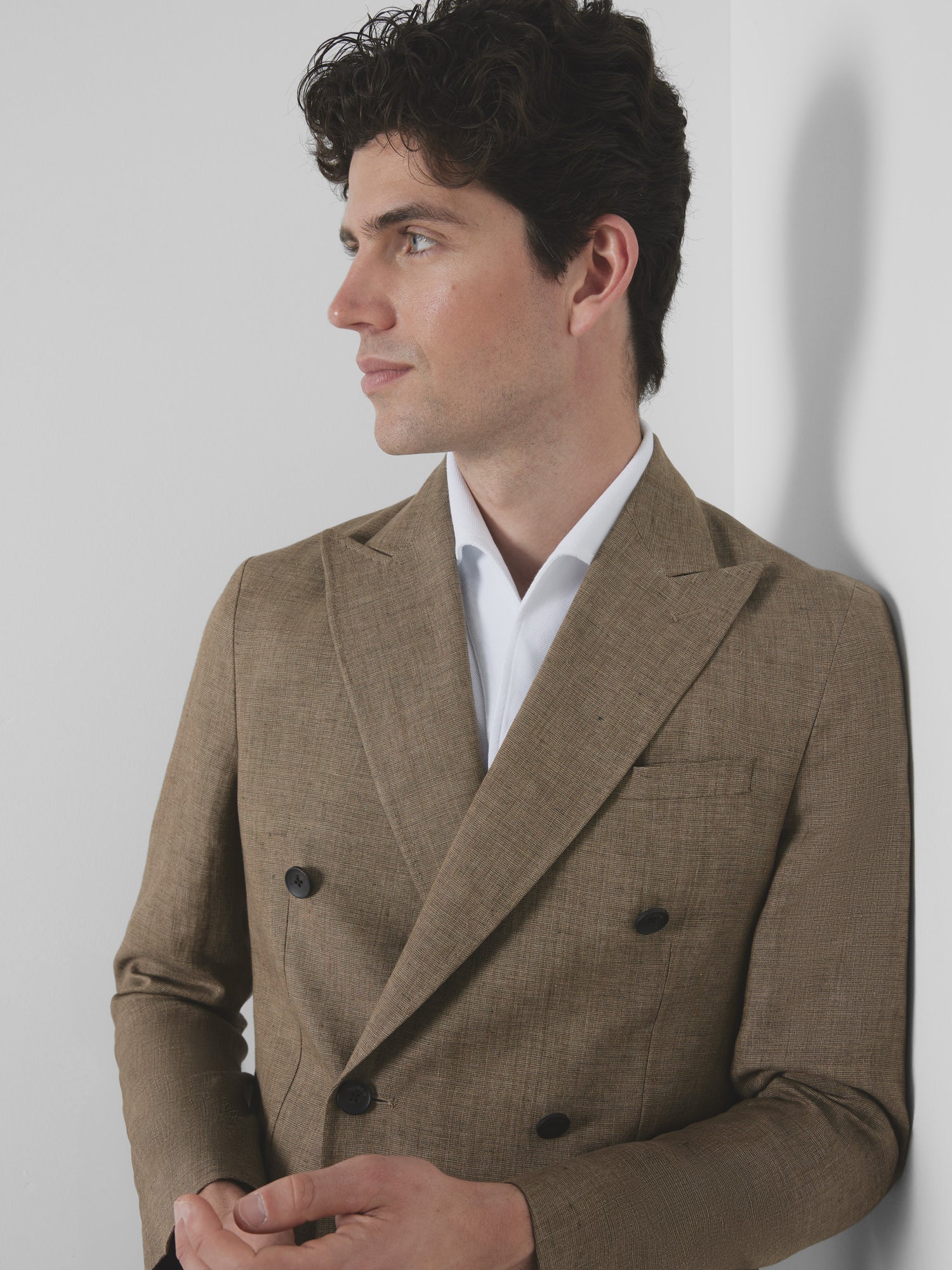 Unique medium beige linen double-breasted blazer