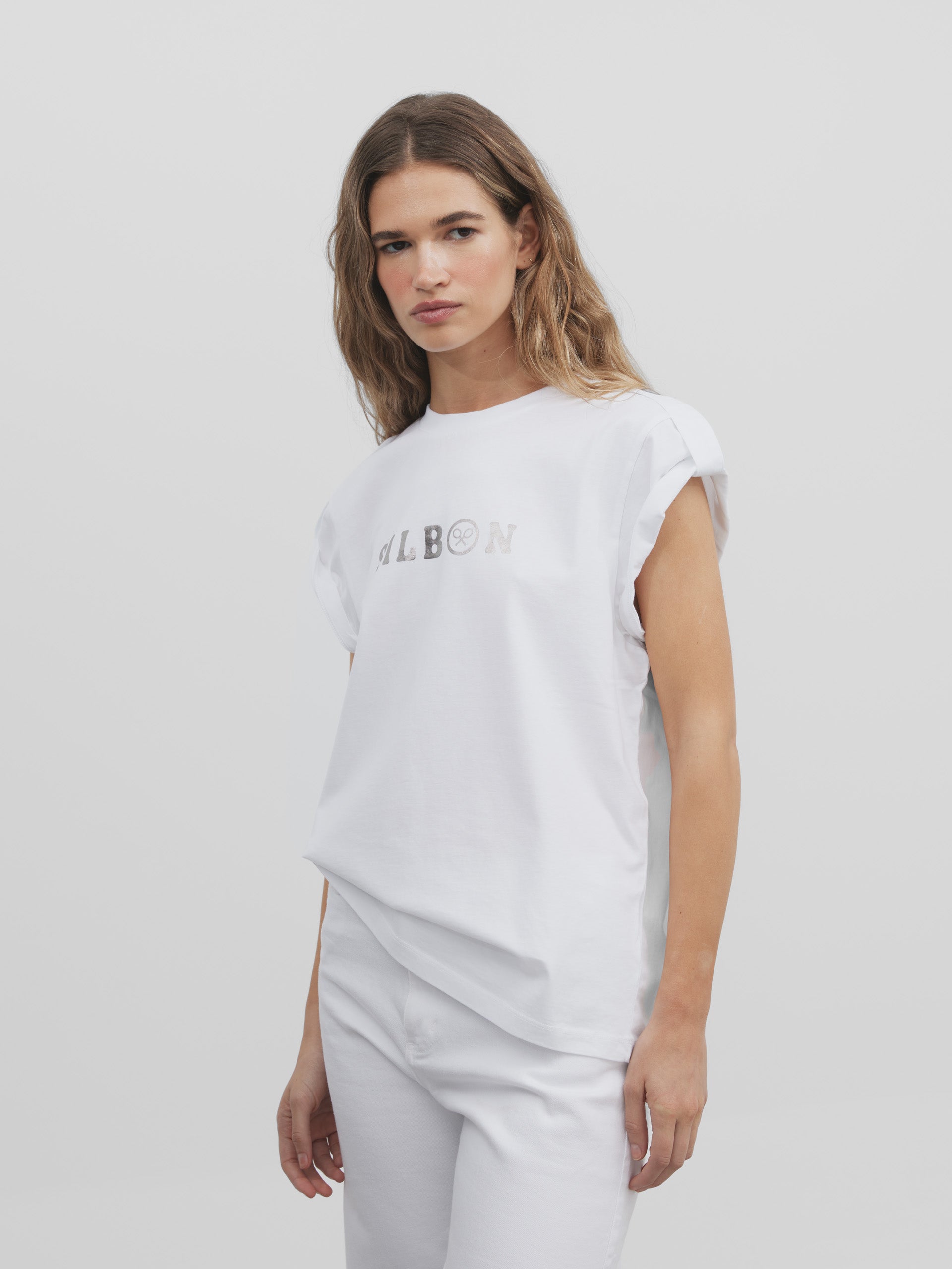 Women's silver roll out sleeve t-shirt
