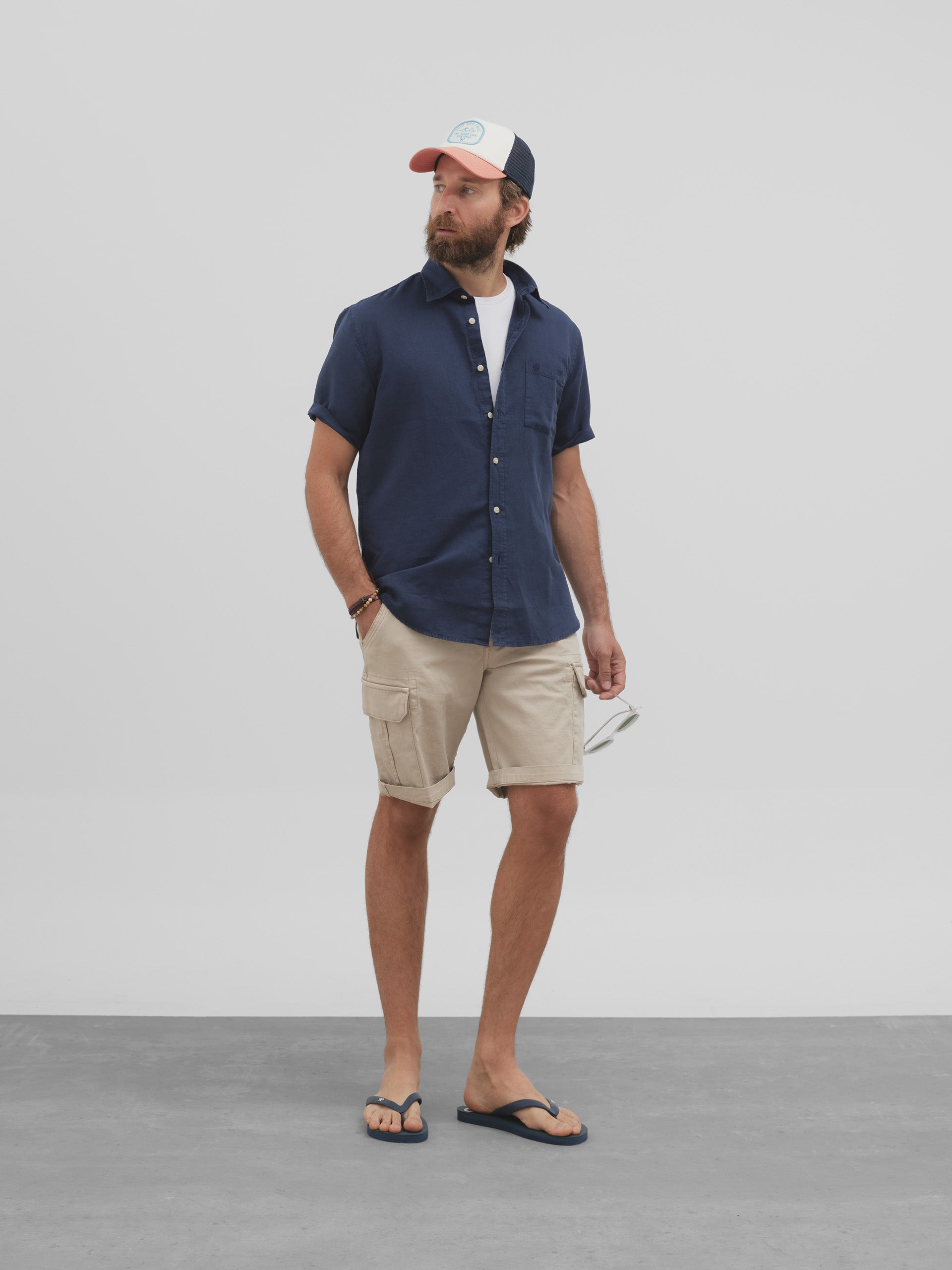 Navy blue short sleeve linen sport shirt