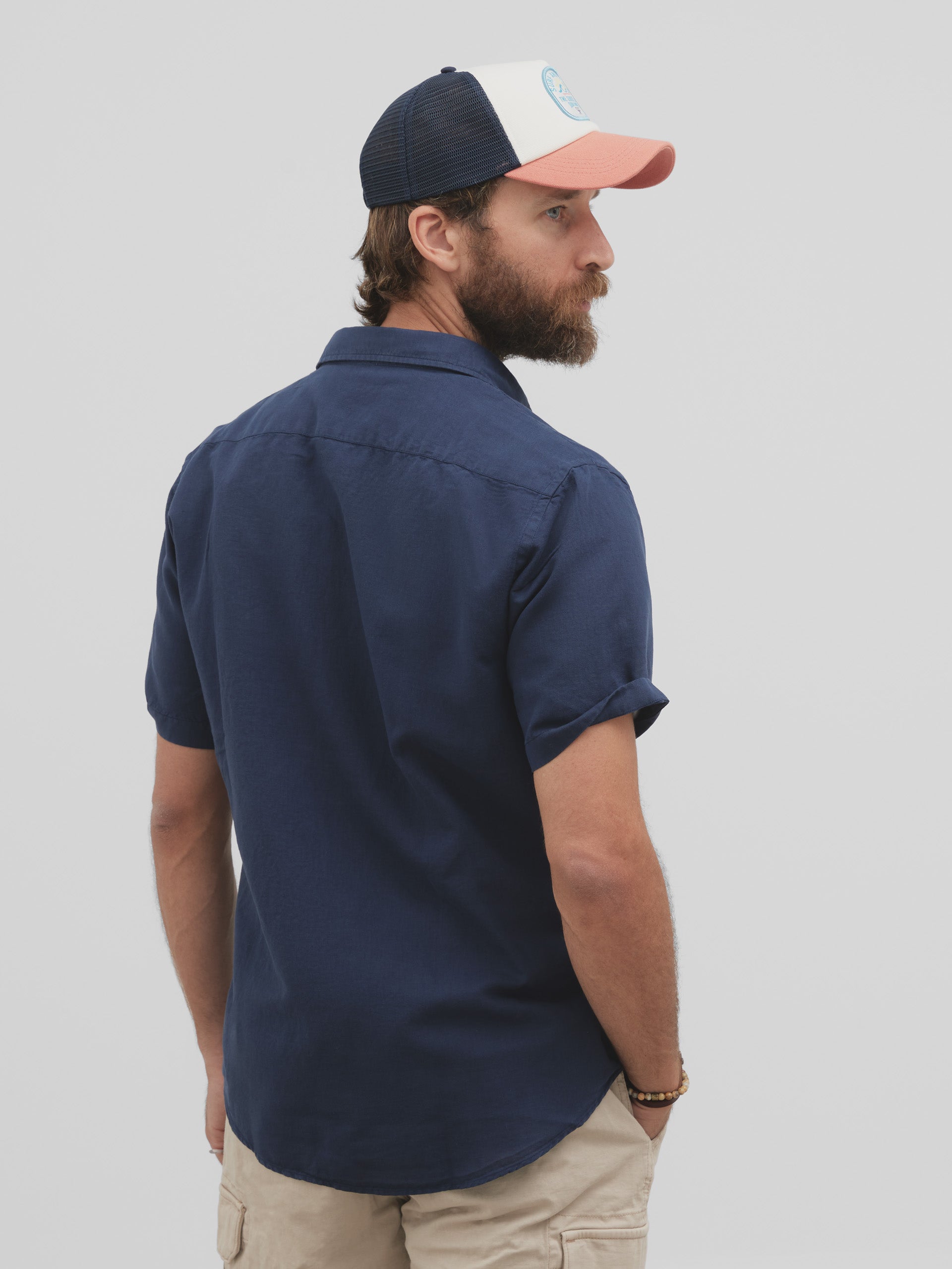 Navy blue short sleeve linen sport shirt