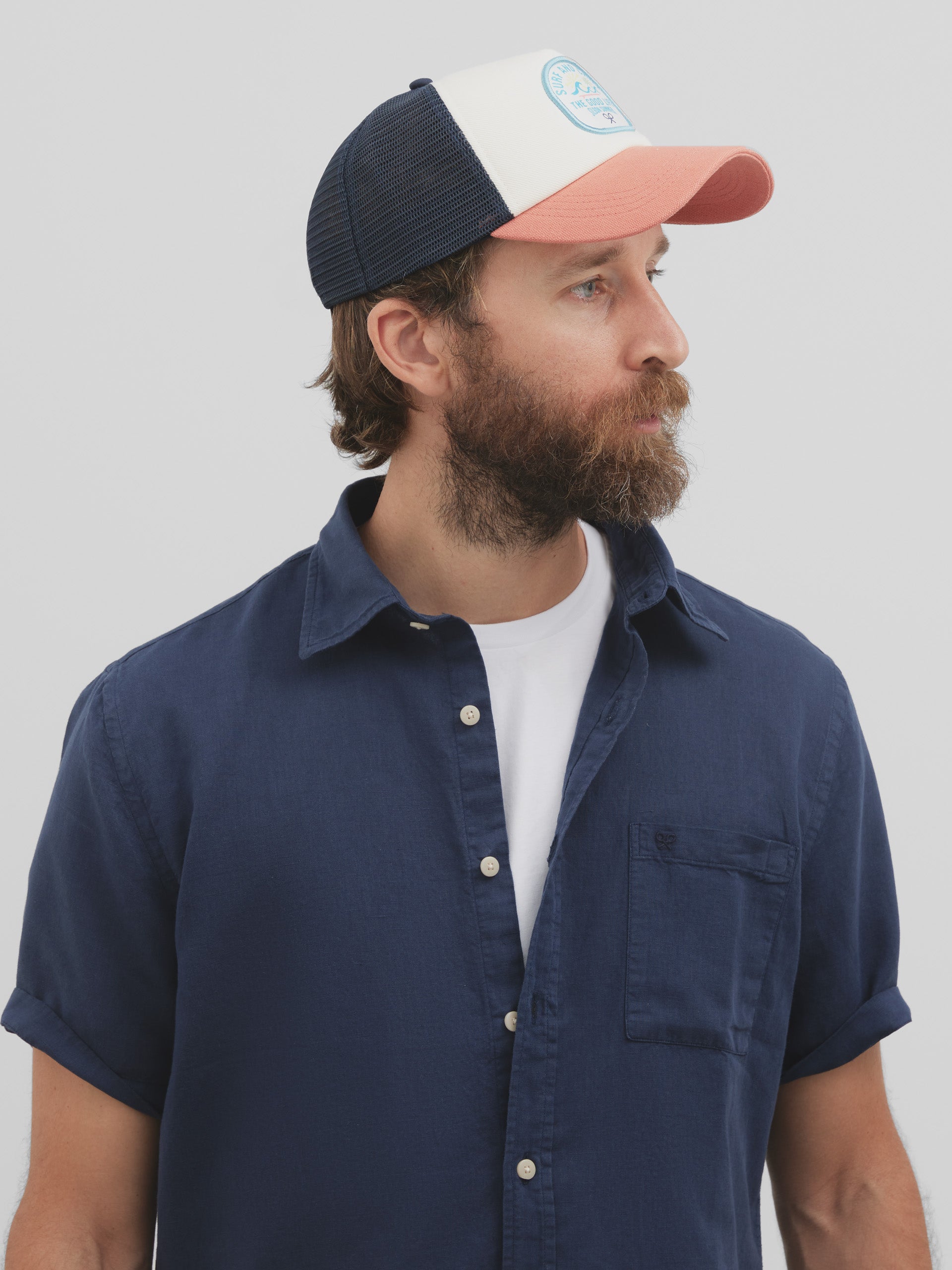 Navy blue short sleeve linen sport shirt