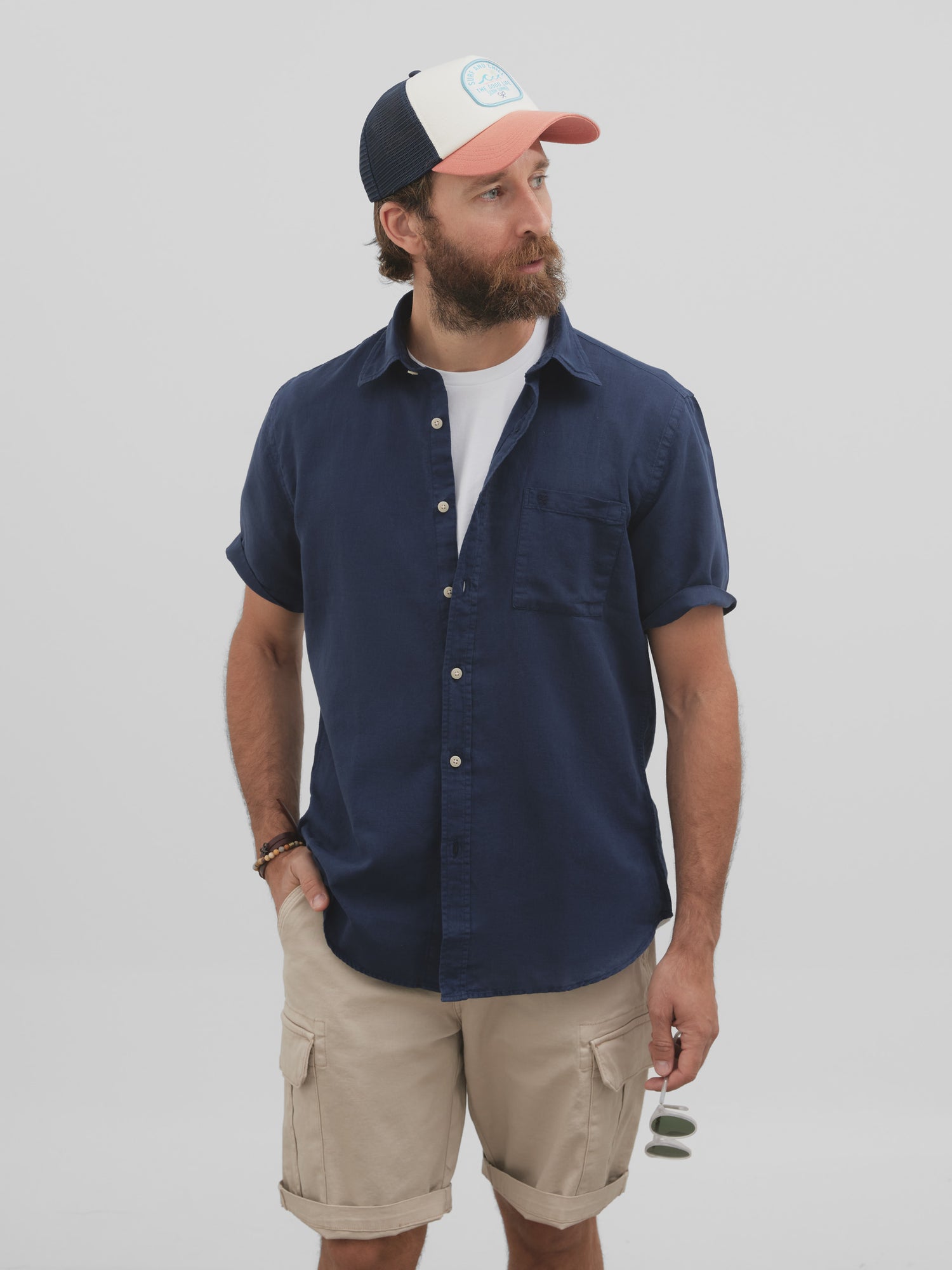 Navy blue short sleeve linen sport shirt