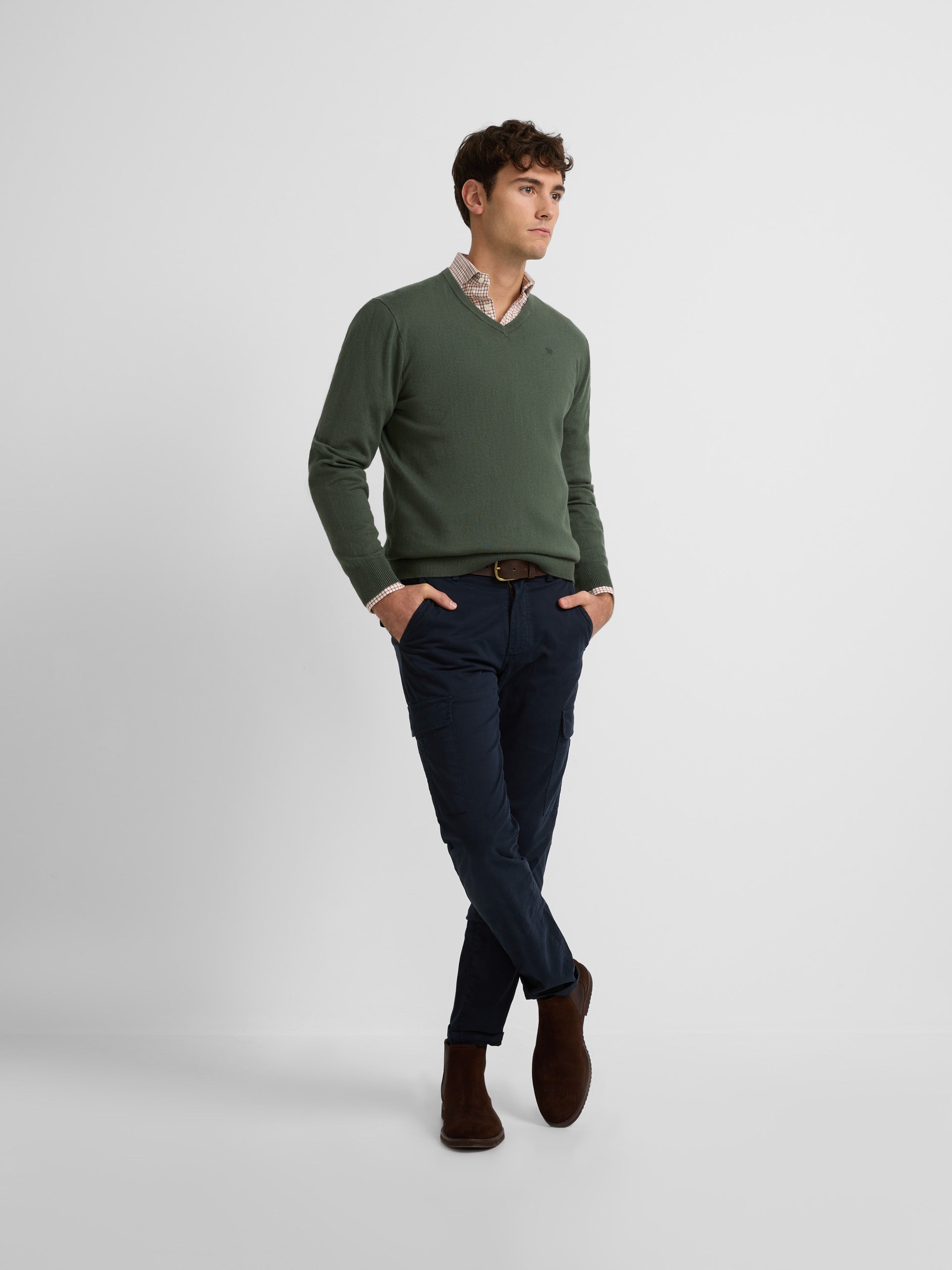 Medium green plain V-neck sweater