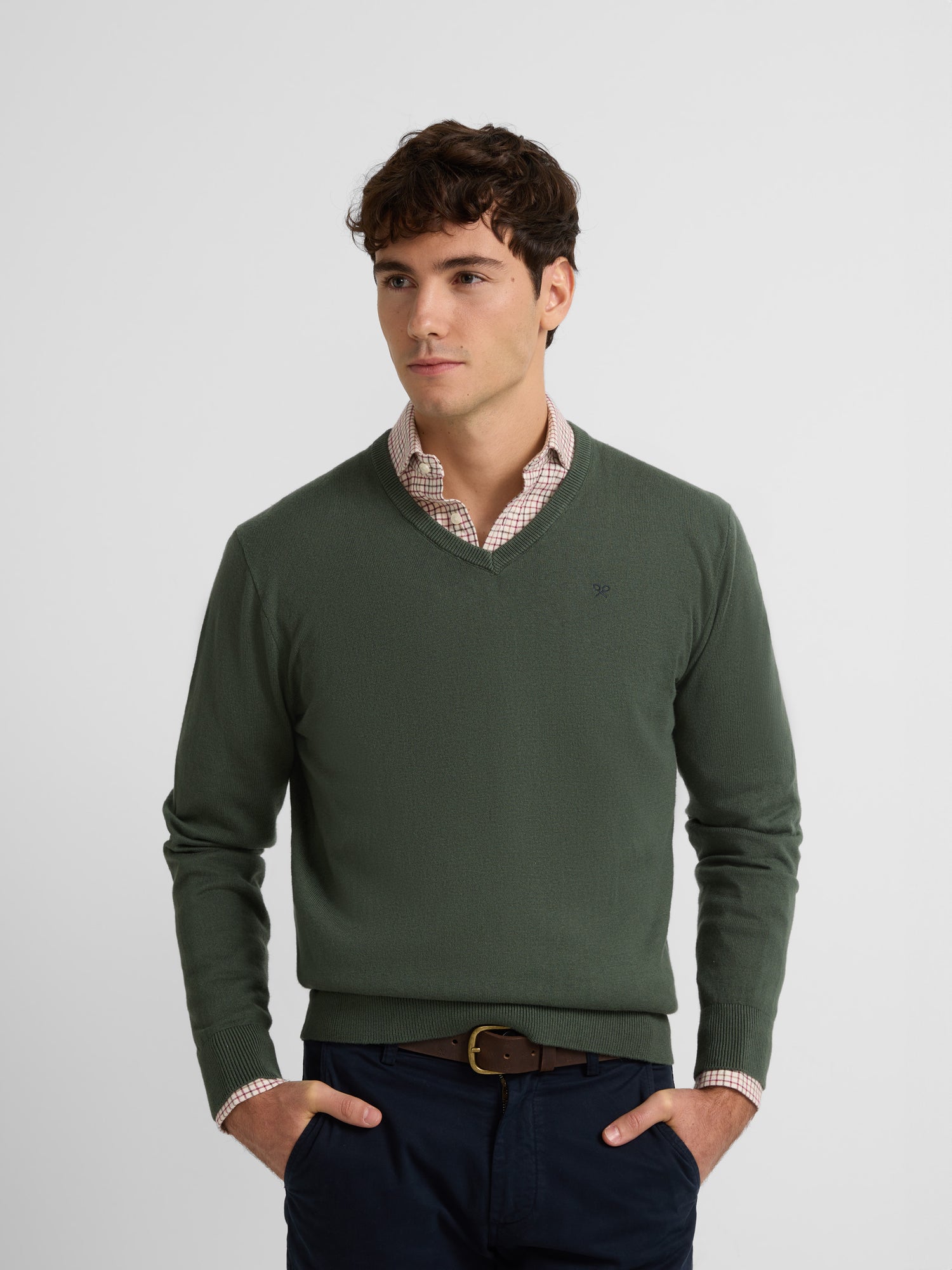 Medium green plain V-neck sweater