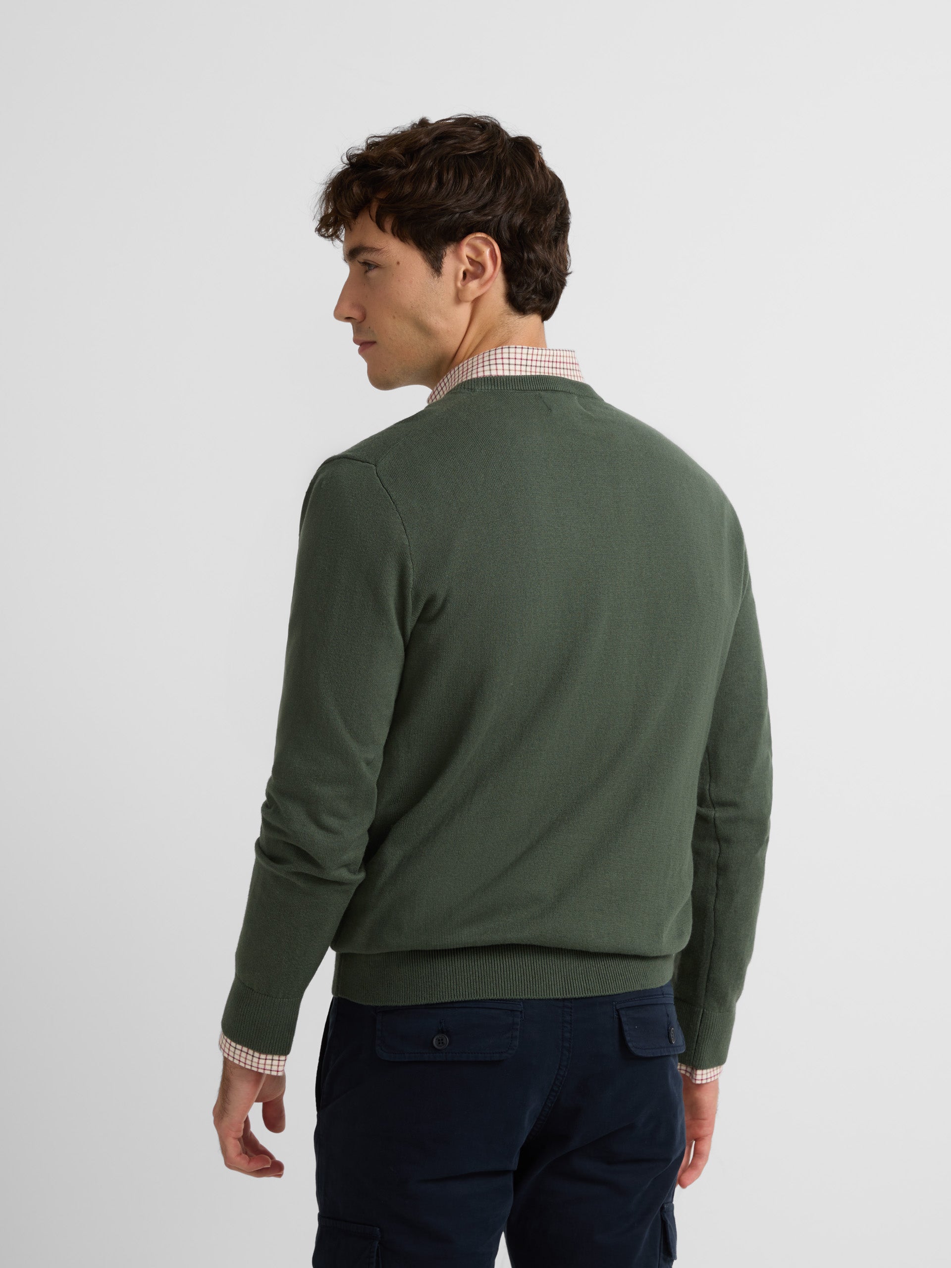 Medium green plain V-neck sweater