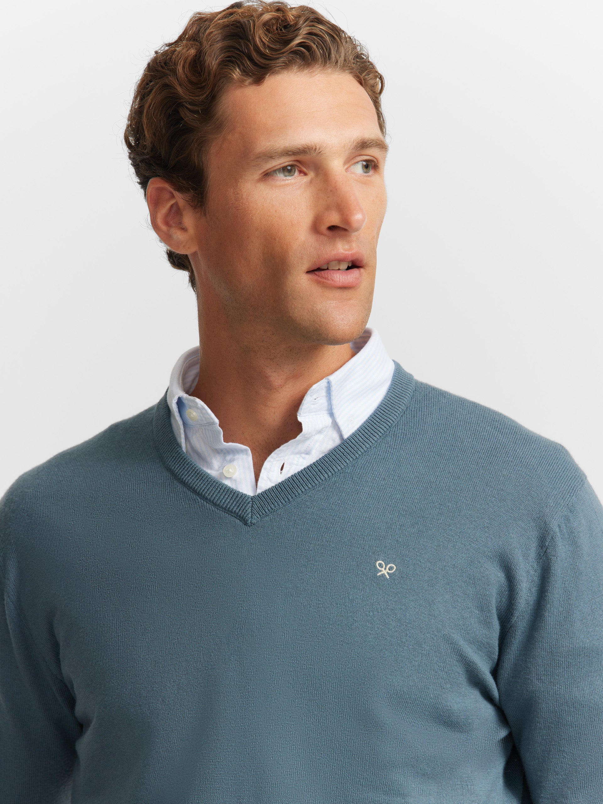 Plain V-neck sweater in grey green