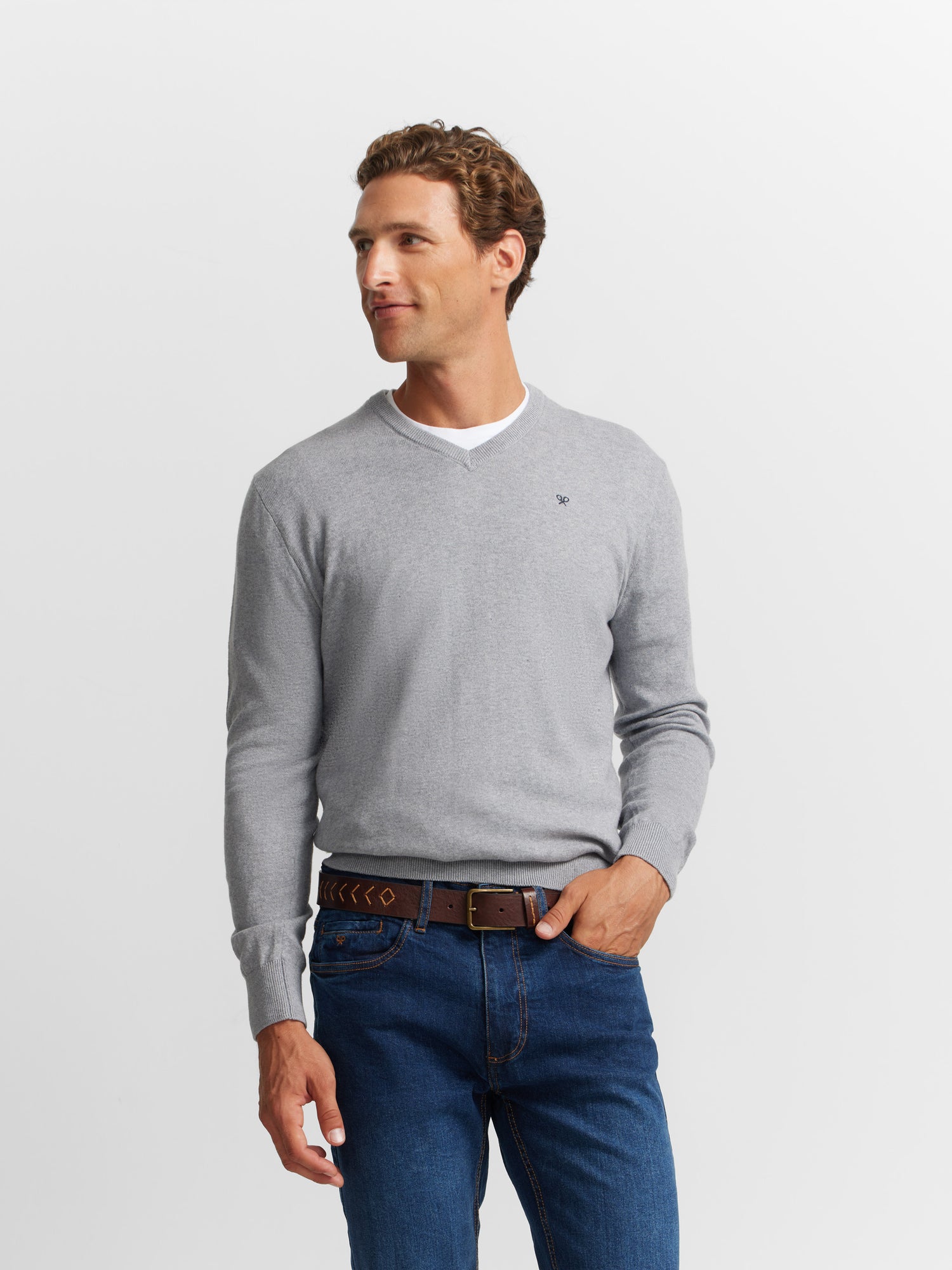 Plain light grey V-neck sweater