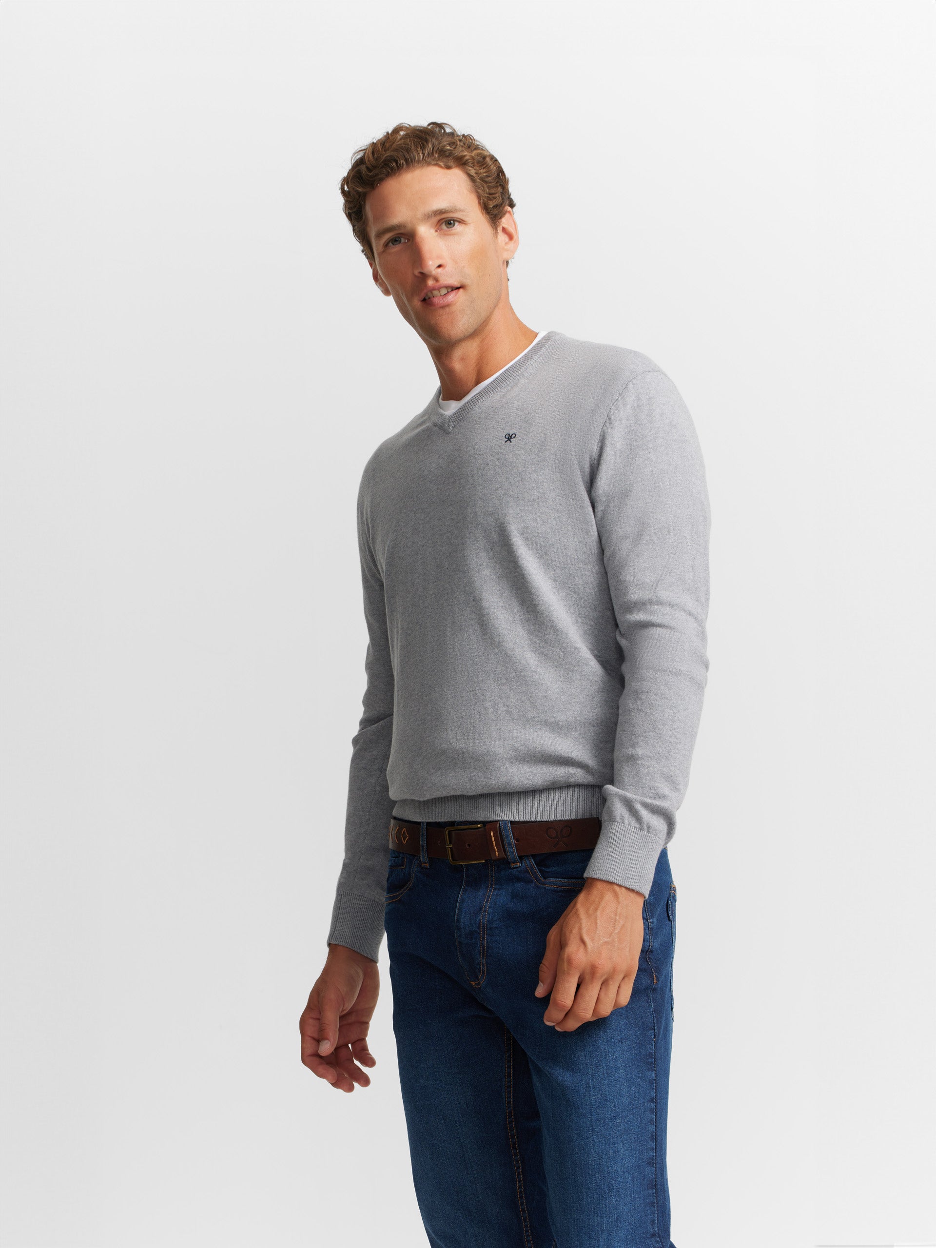 Plain light grey V-neck sweater