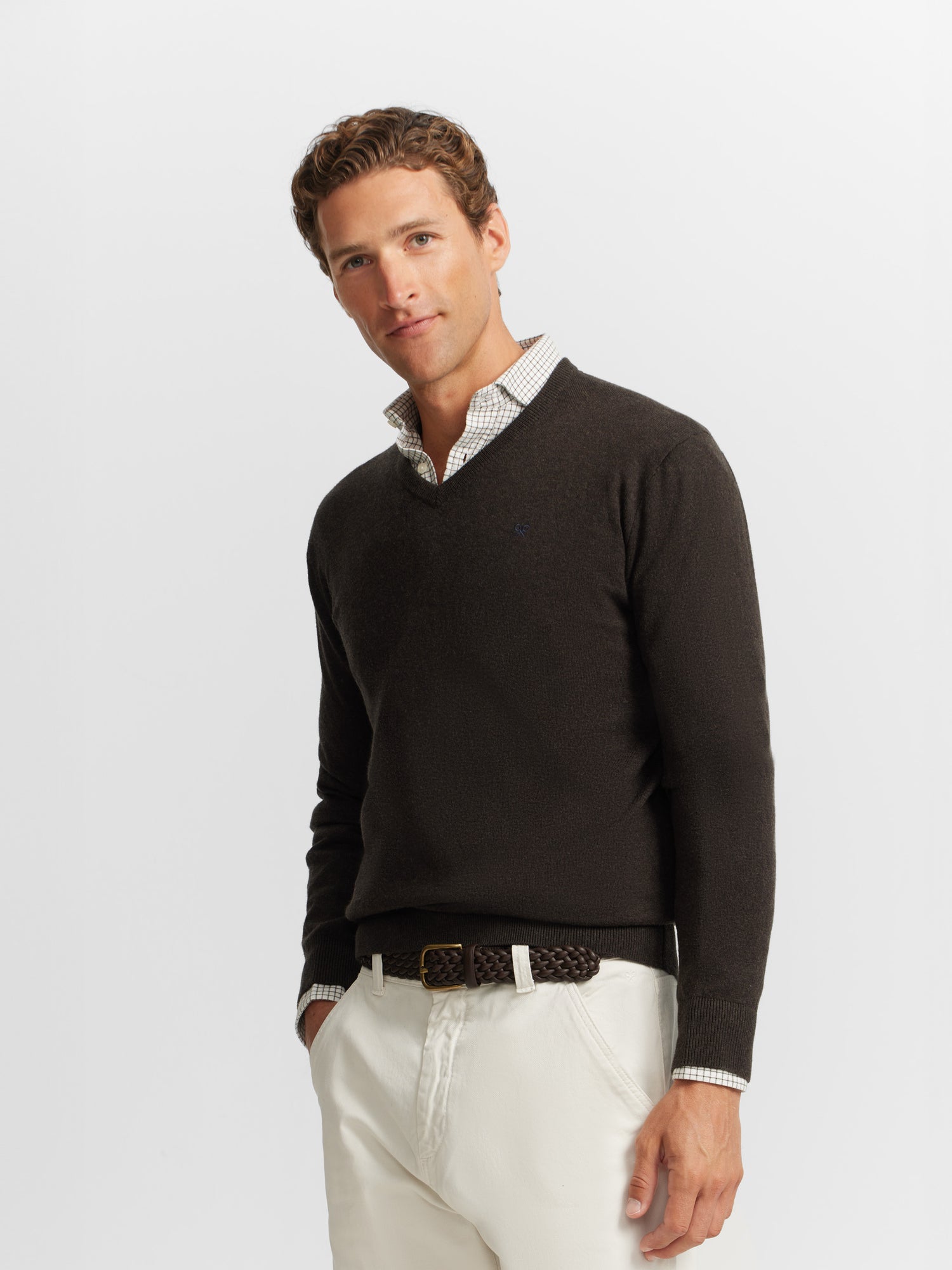 Plain brown V-neck sweater