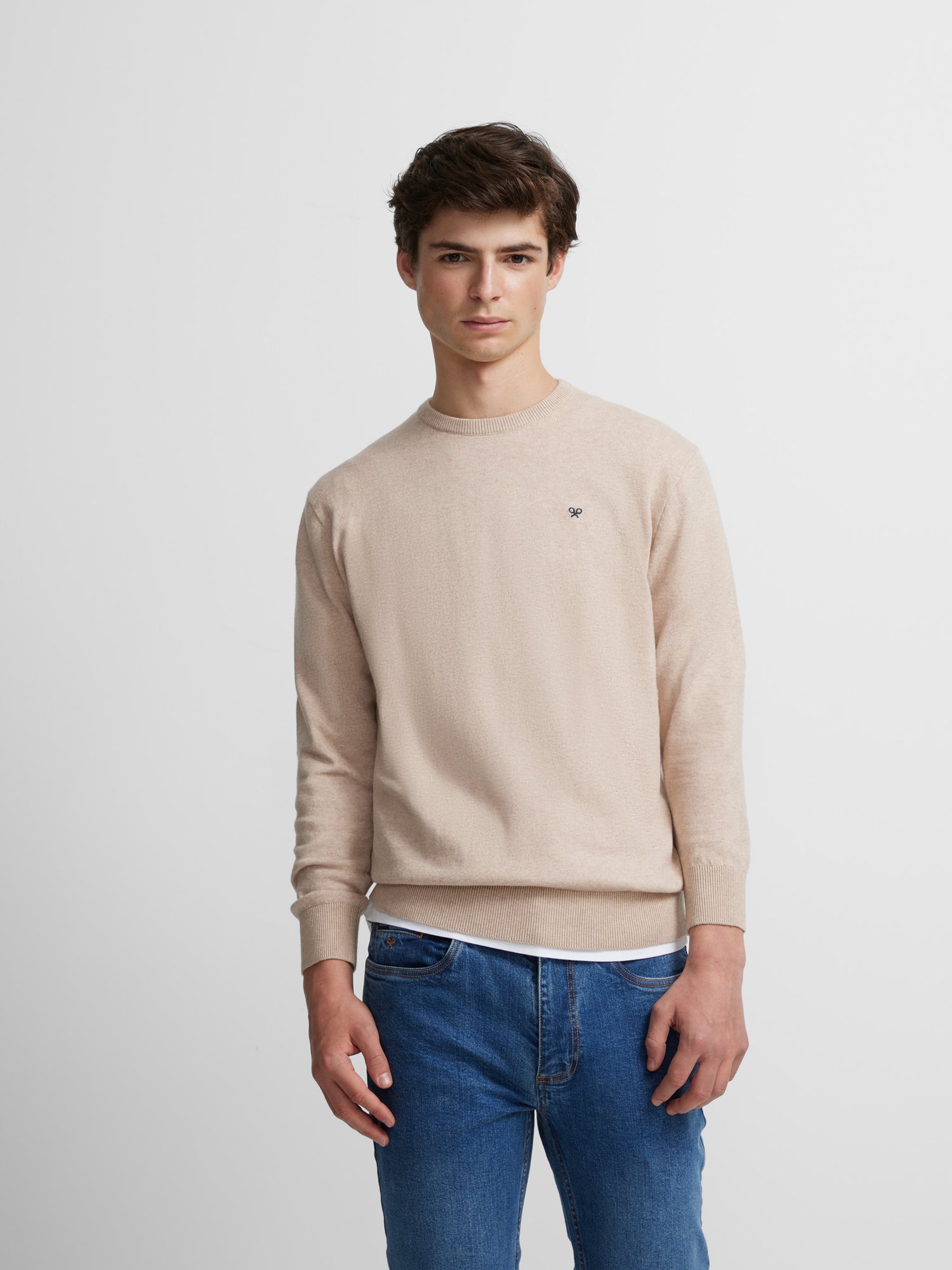 Pull col rond uni beige