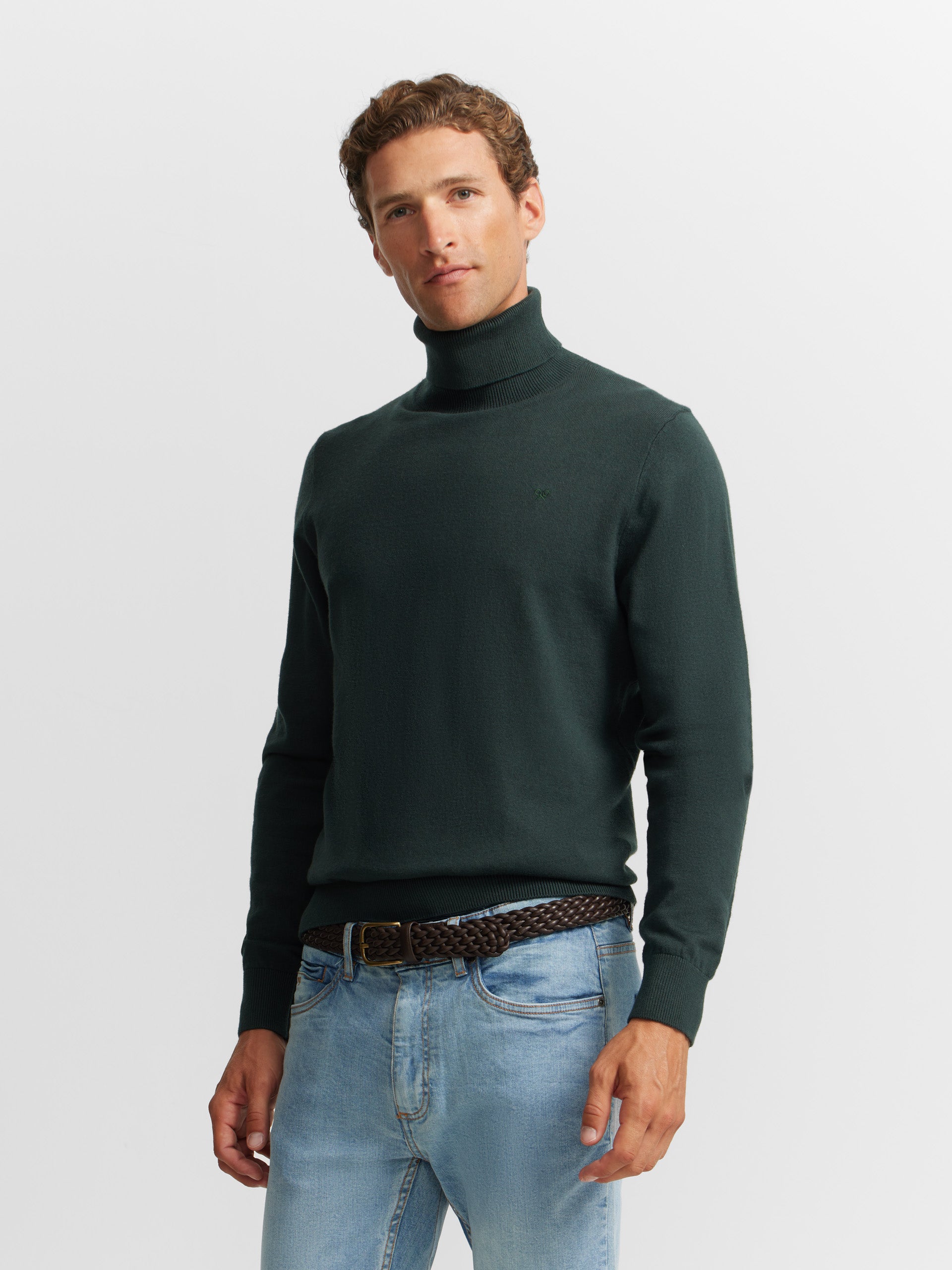 Pull col roulé uni vert foncé