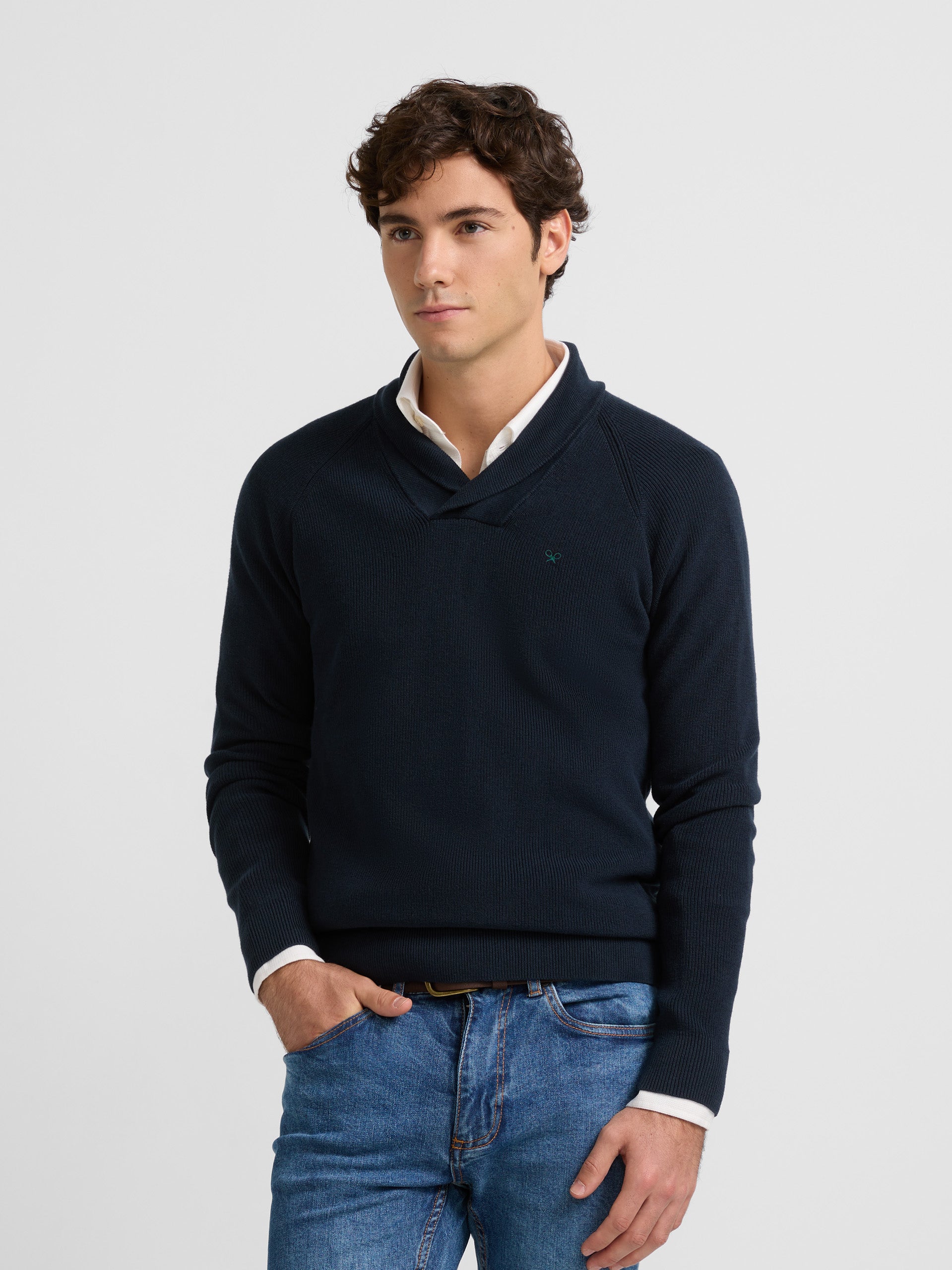 Navy blue shawl collar sweater