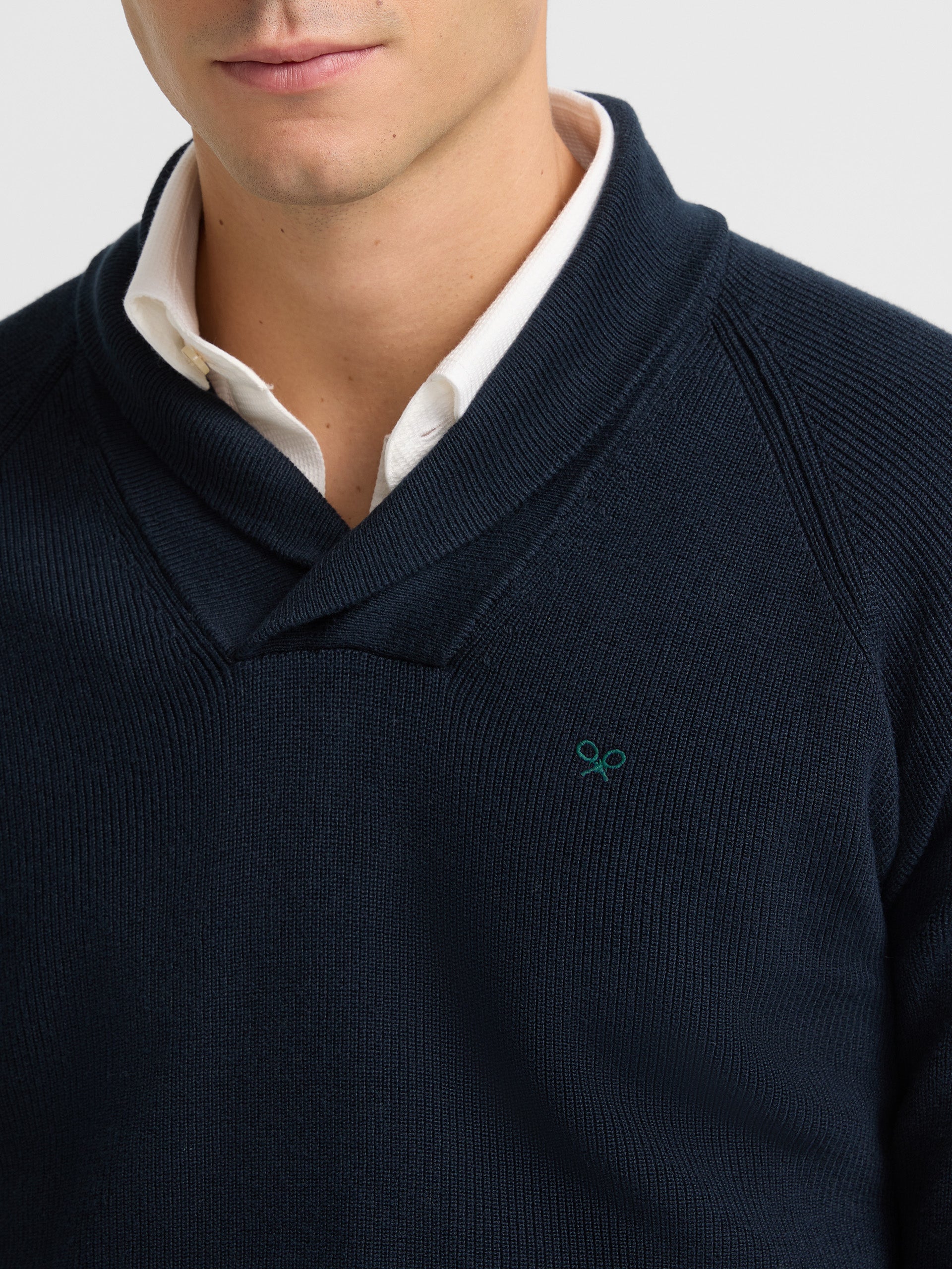 Navy blue shawl collar sweater