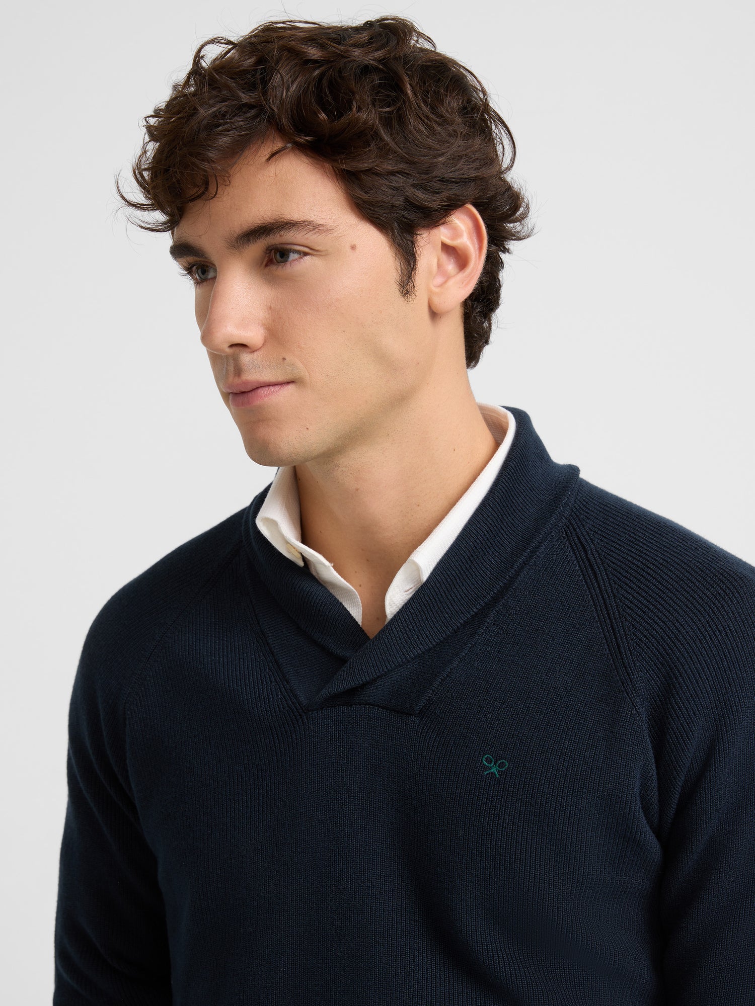 Navy blue shawl collar sweater