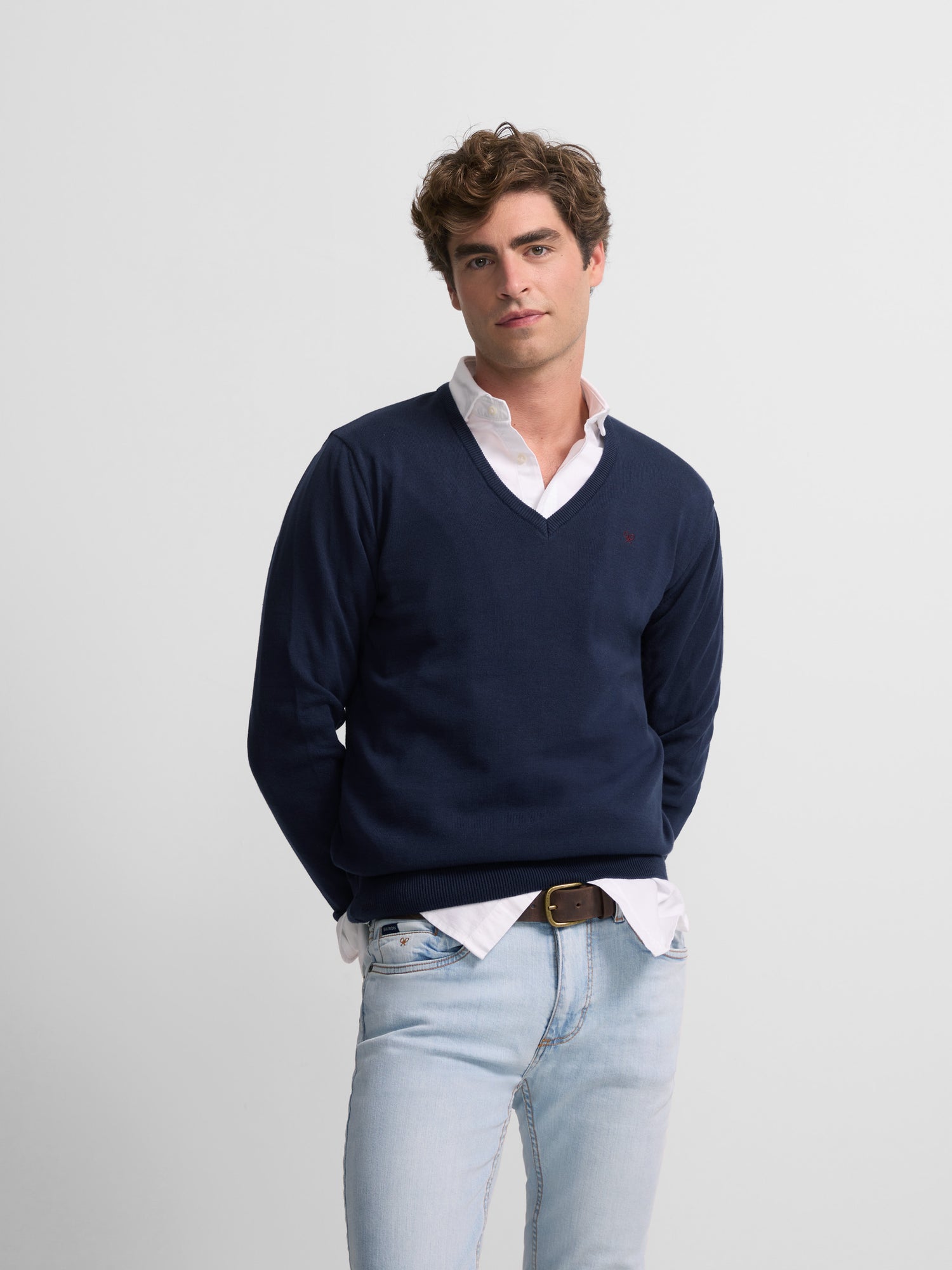 Navy blue retro V-neck sweater