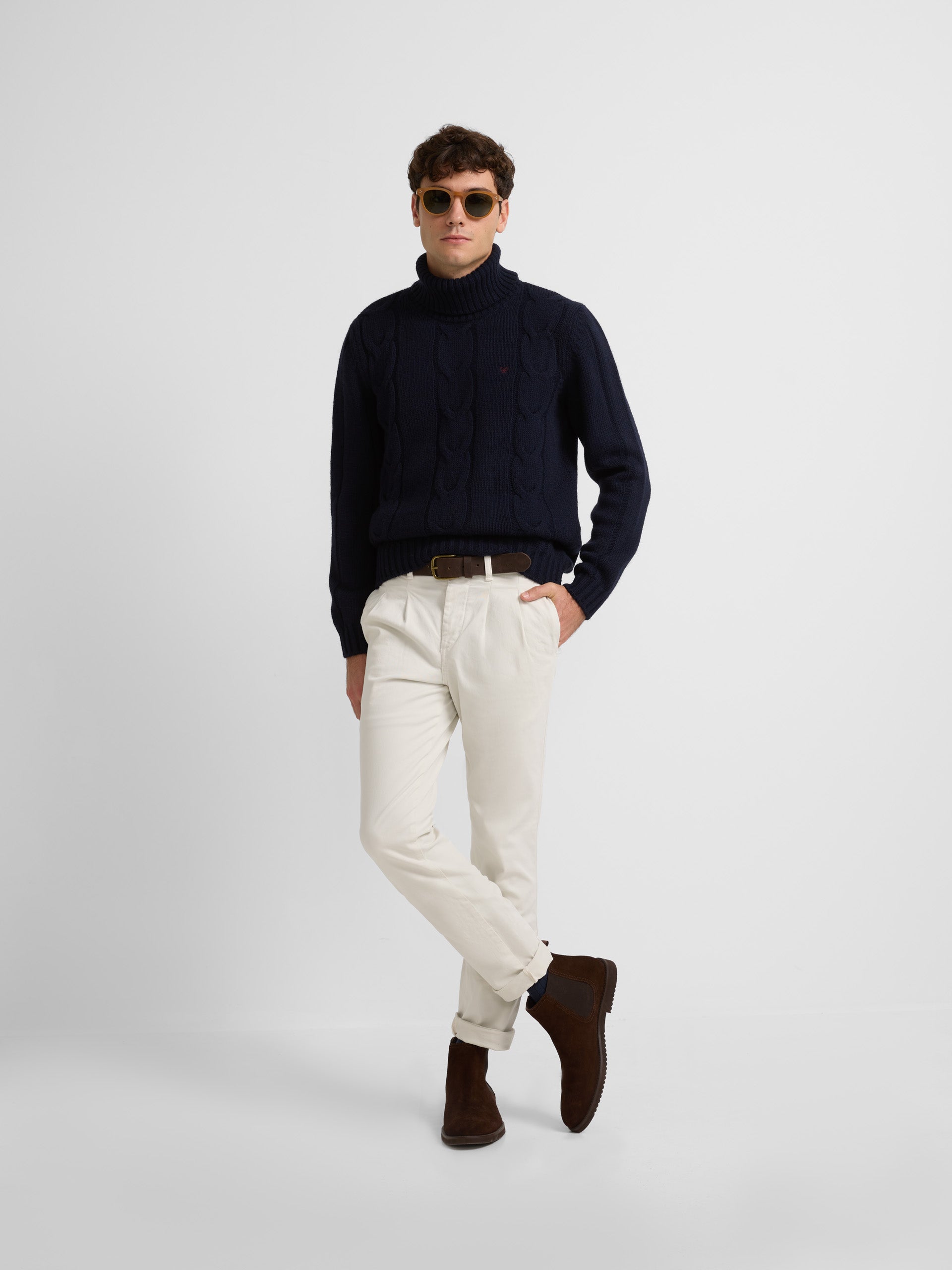 Navy blue turtleneck sweater with eights