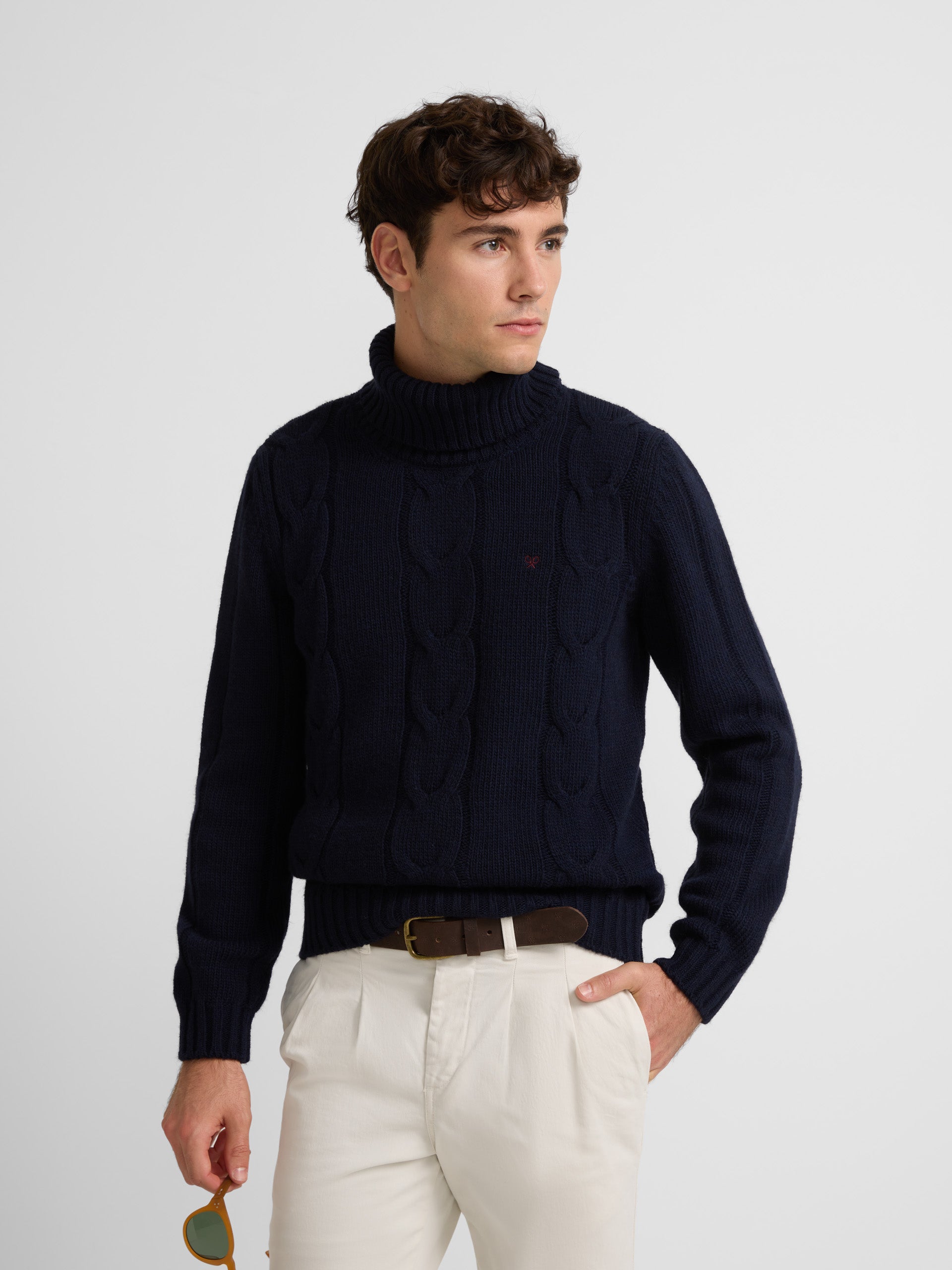 Navy blue turtleneck sweater with eights