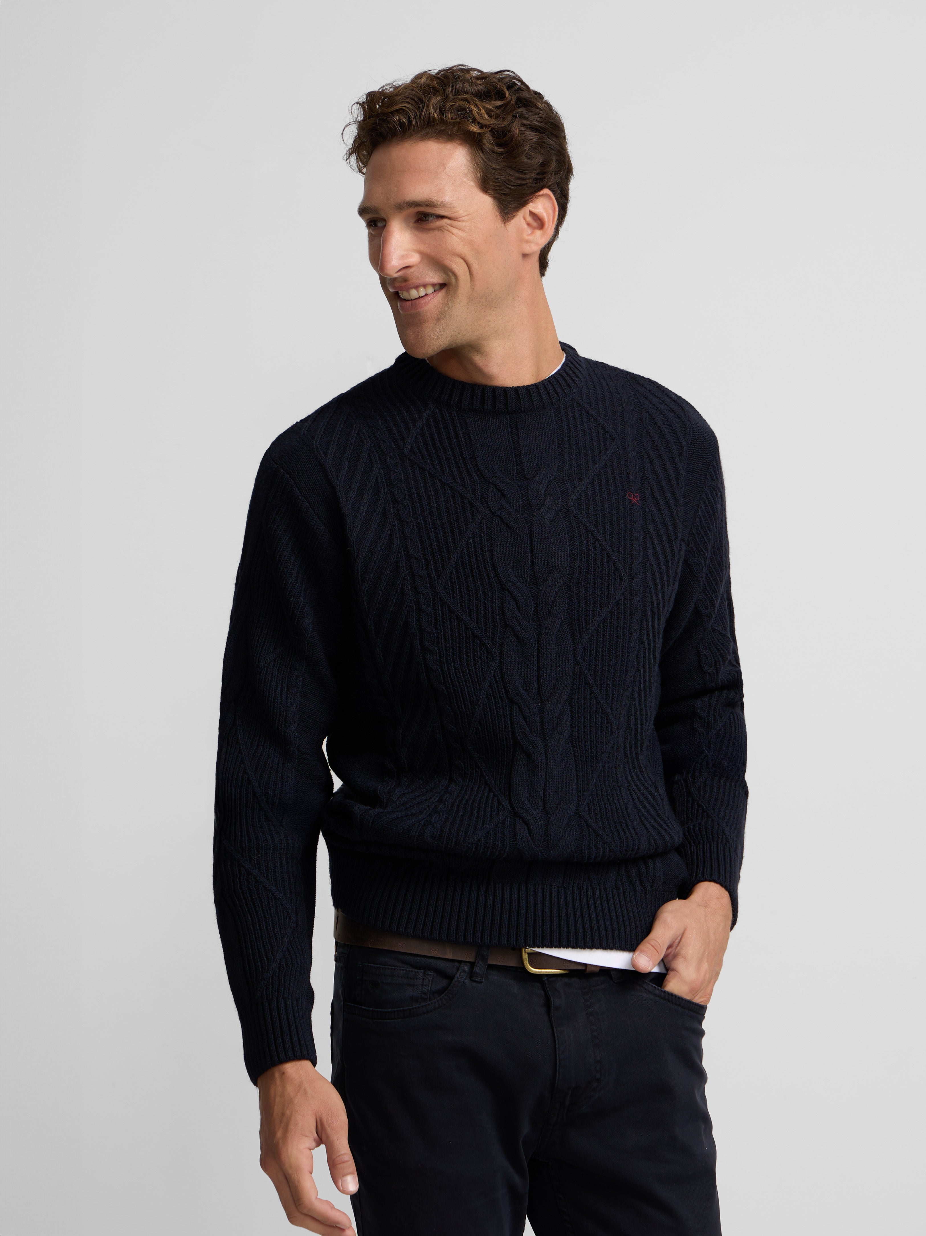 Navy blue cable knit sweater