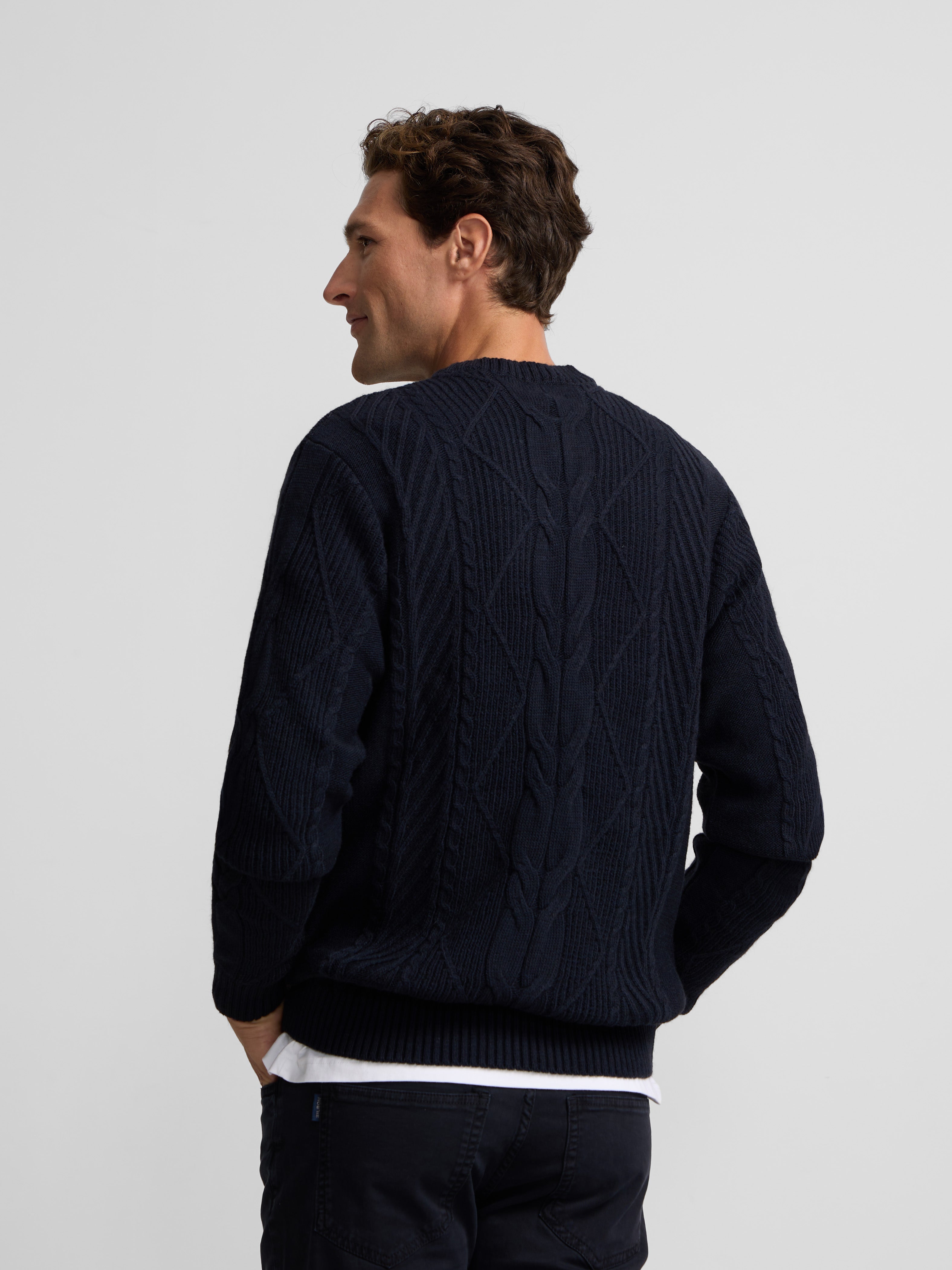 Navy blue cable knit sweater