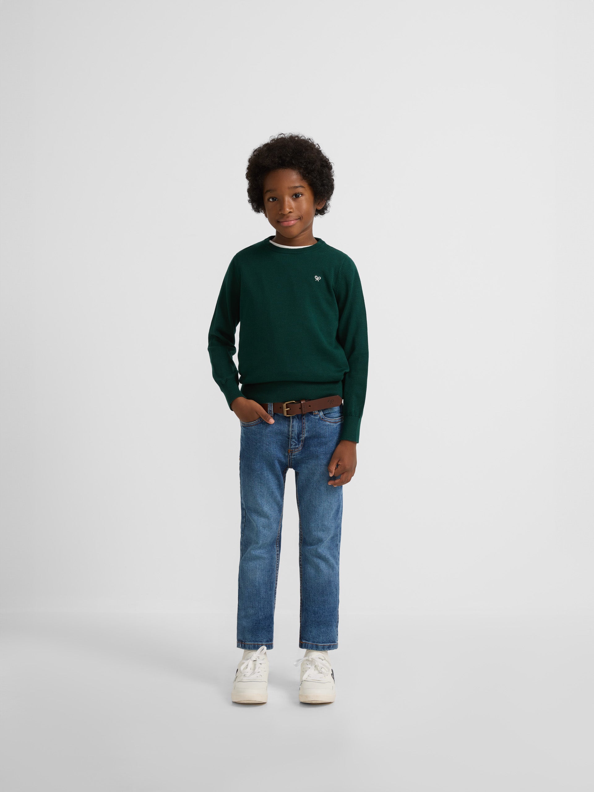 Pull enfant uni col rond vert