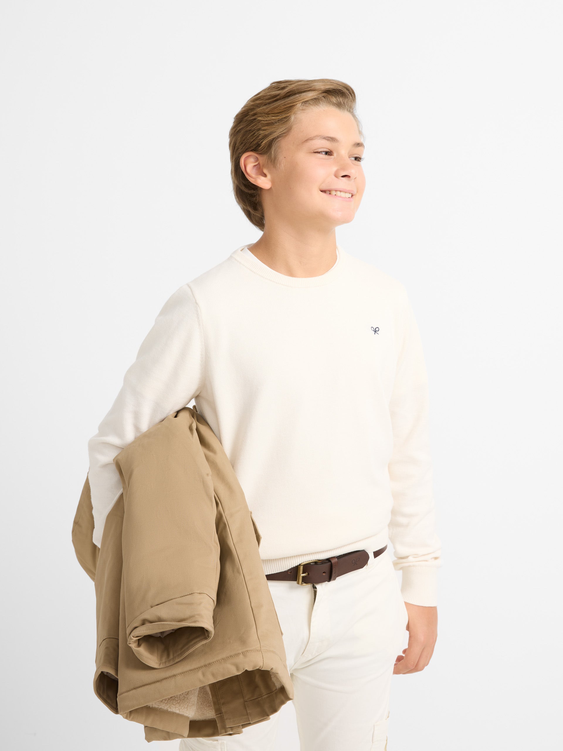 Pull enfant col rond uni beige