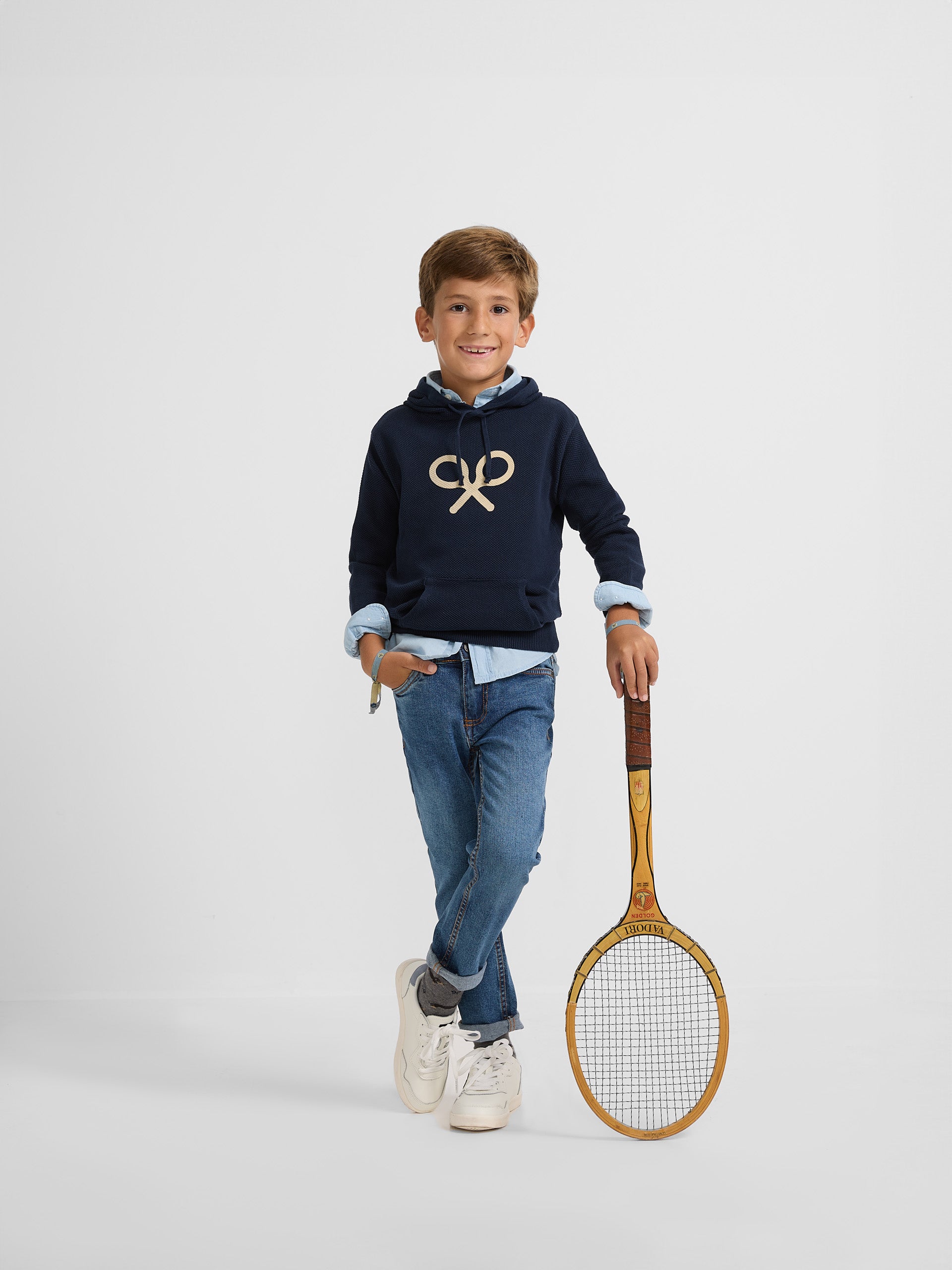 Kids hooded jersey with racket in navy blue