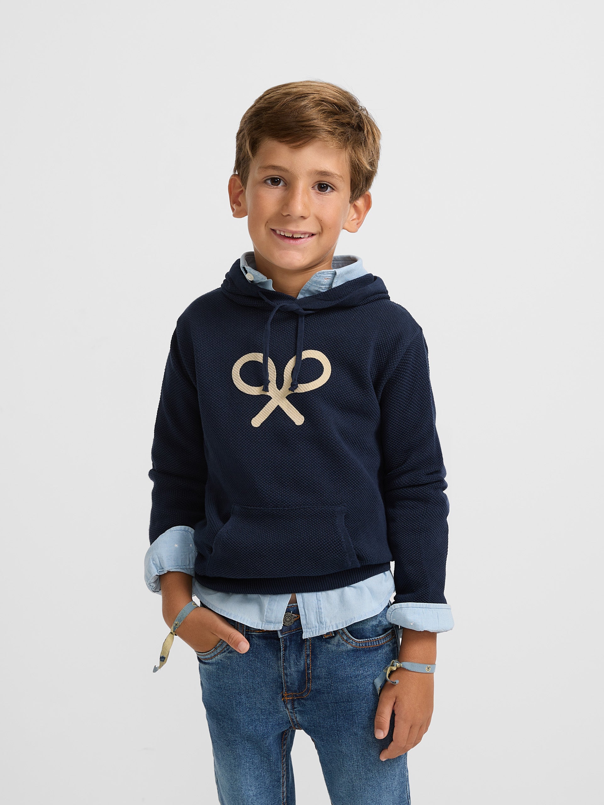 Kids hooded jersey with racket in navy blue