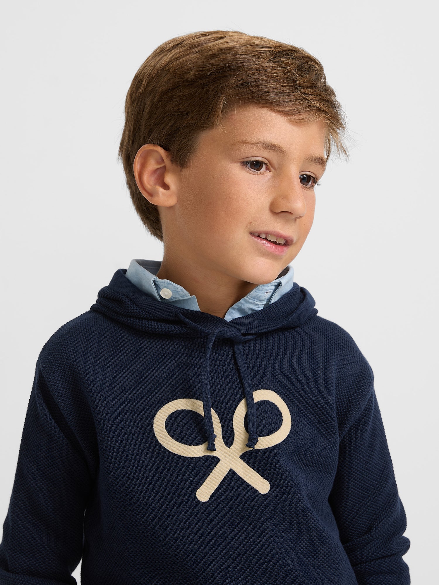 Kids hooded jersey with racket in navy blue