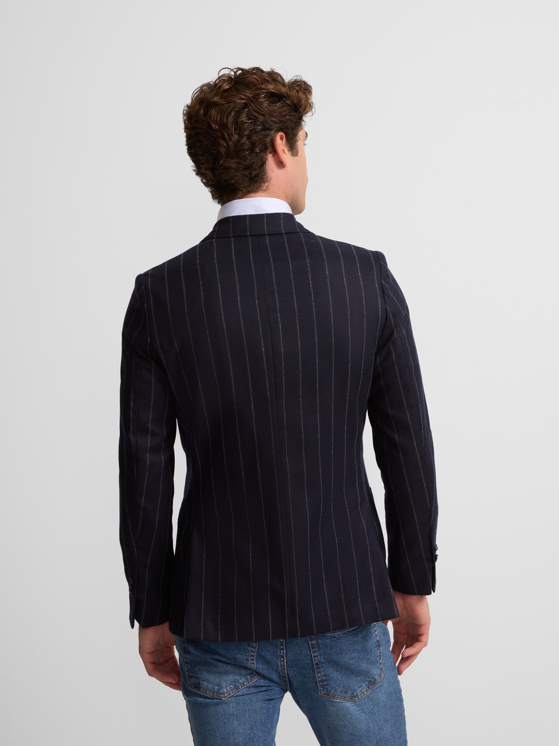 Double-breasted blazer with wide navy blue stripes