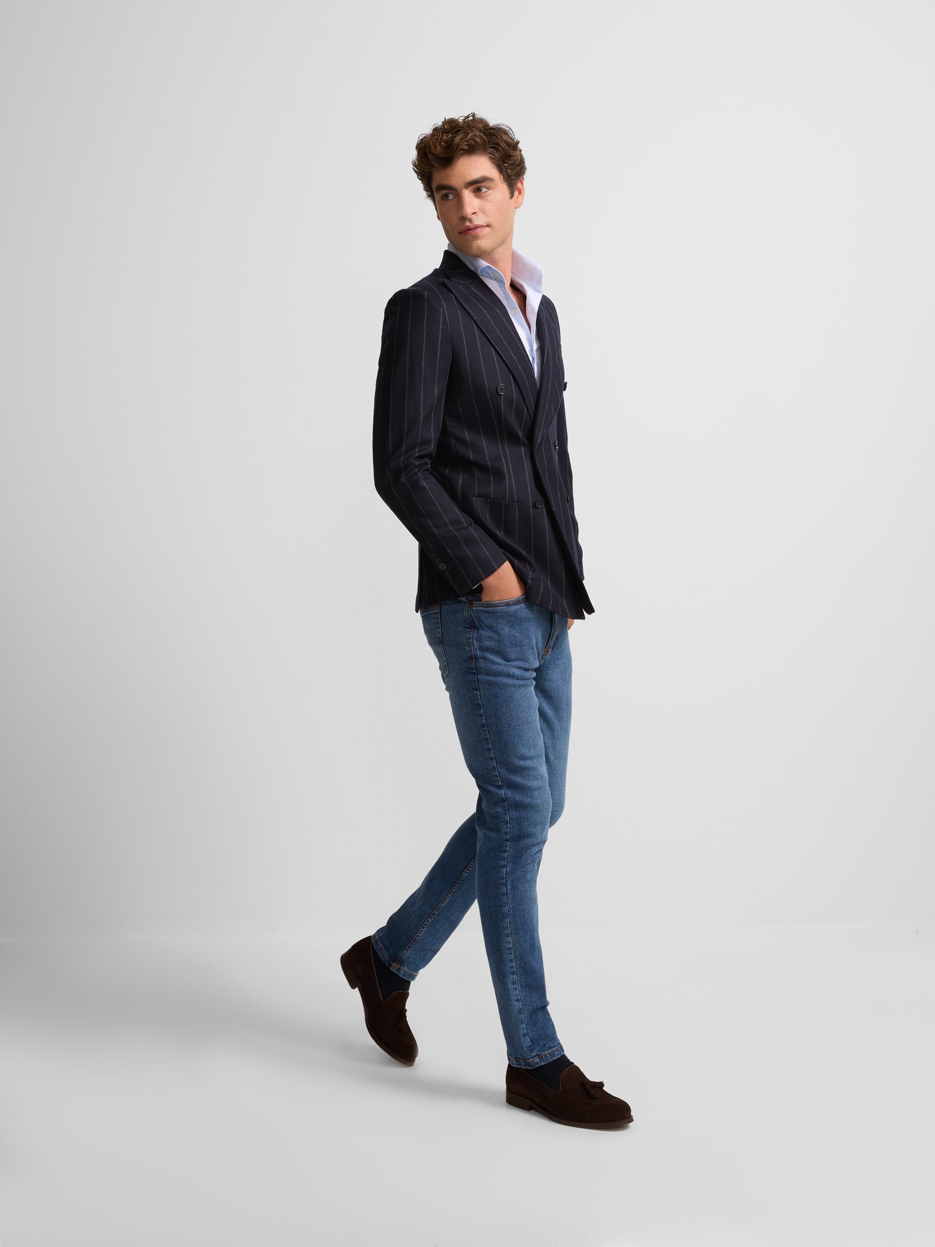 Double-breasted blazer with wide navy blue stripes