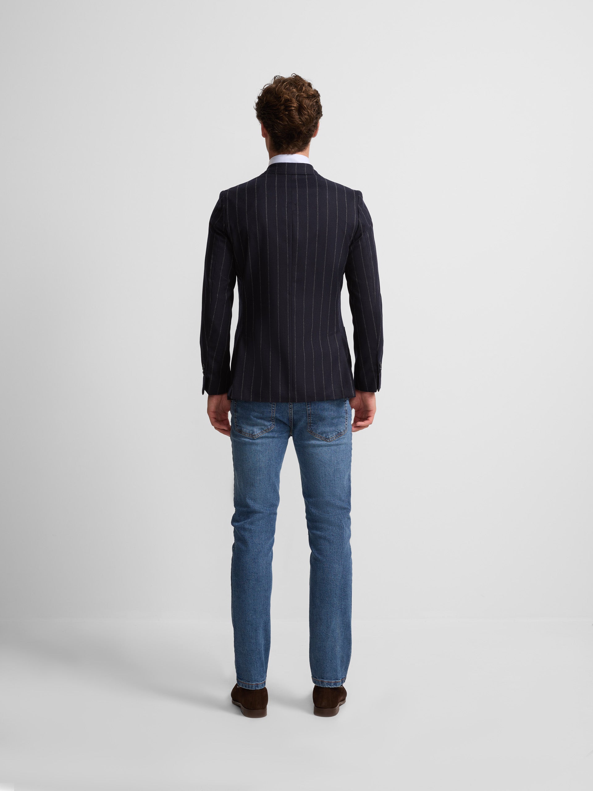 Double-breasted blazer with wide navy blue stripes