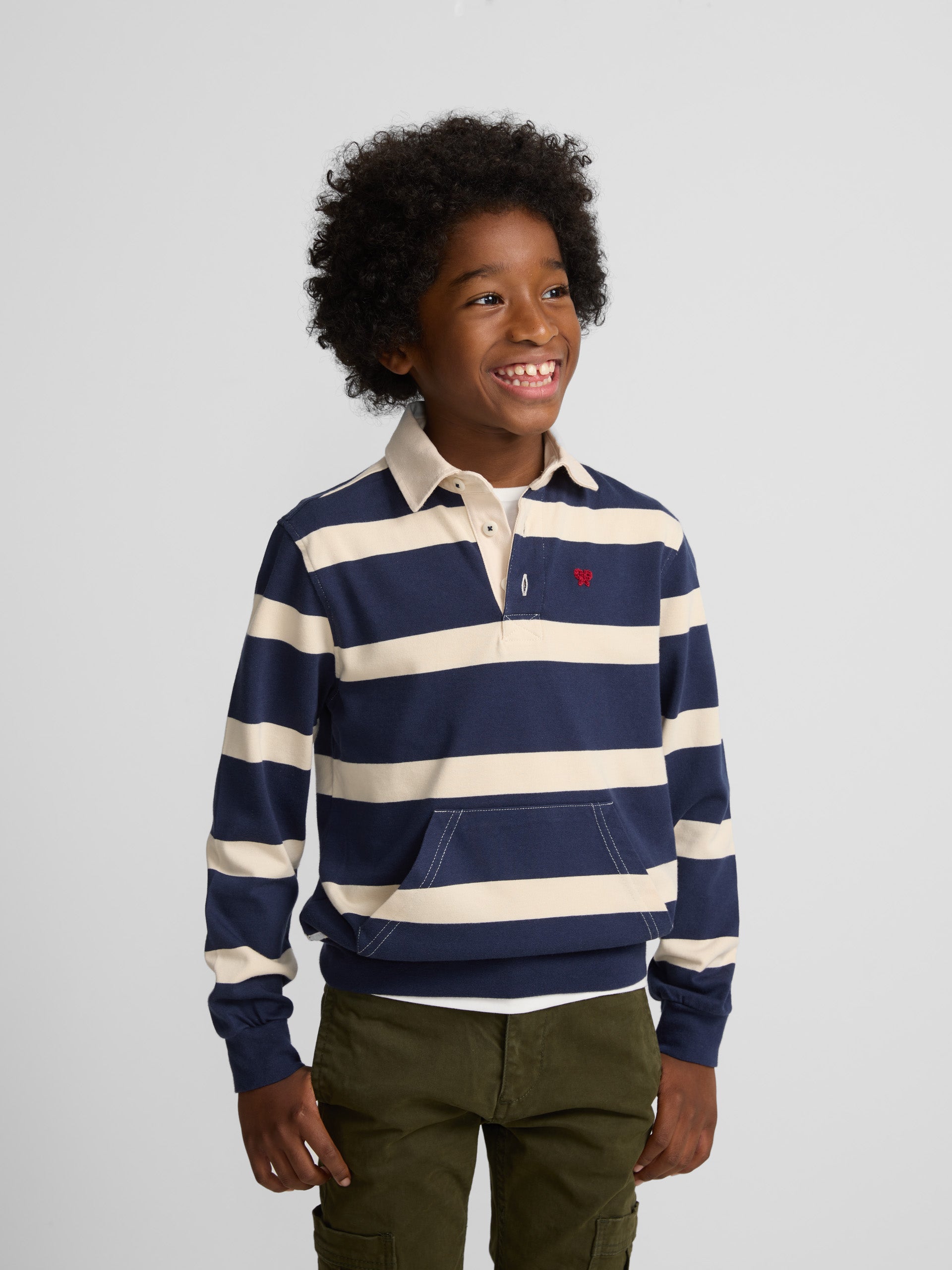 Classic rugby polo shirt for kids with wide blue stripes