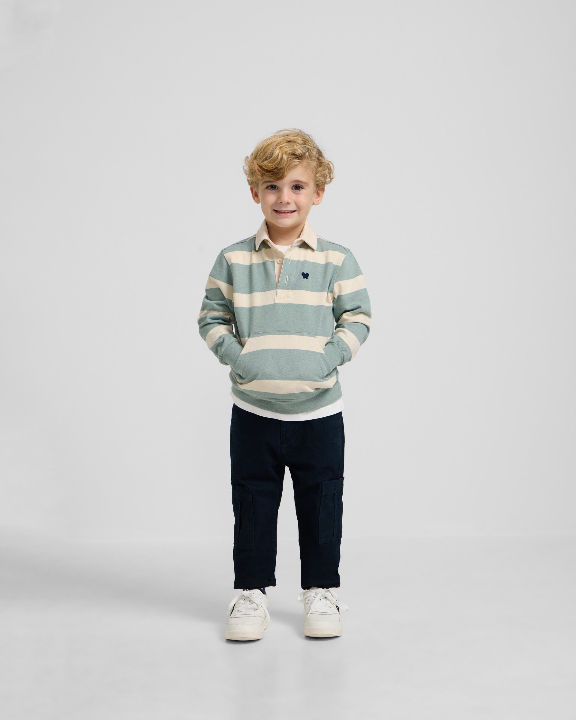 Classic rugby polo shirt for kids with wide green stripes