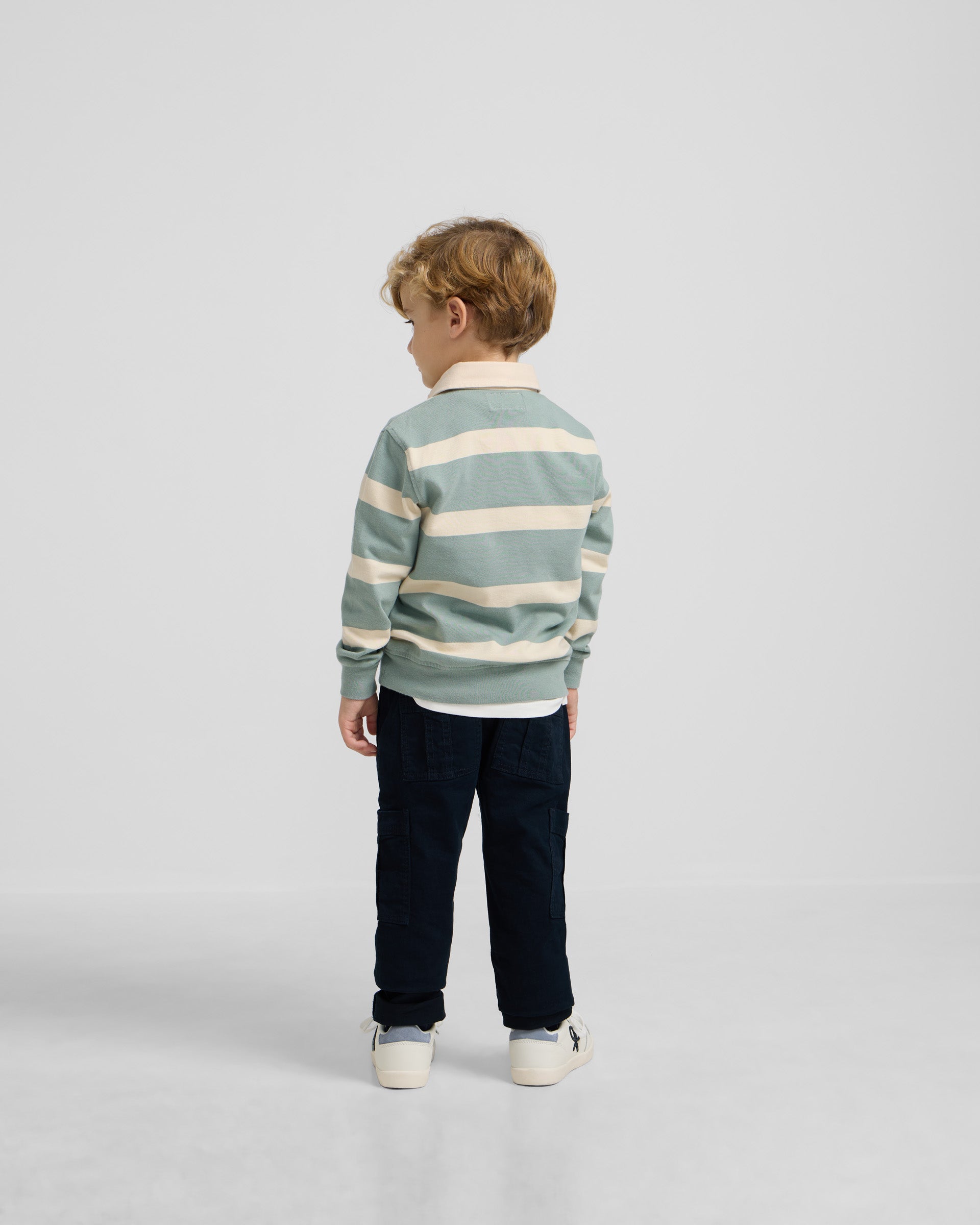 Classic rugby polo shirt for kids with wide green stripes