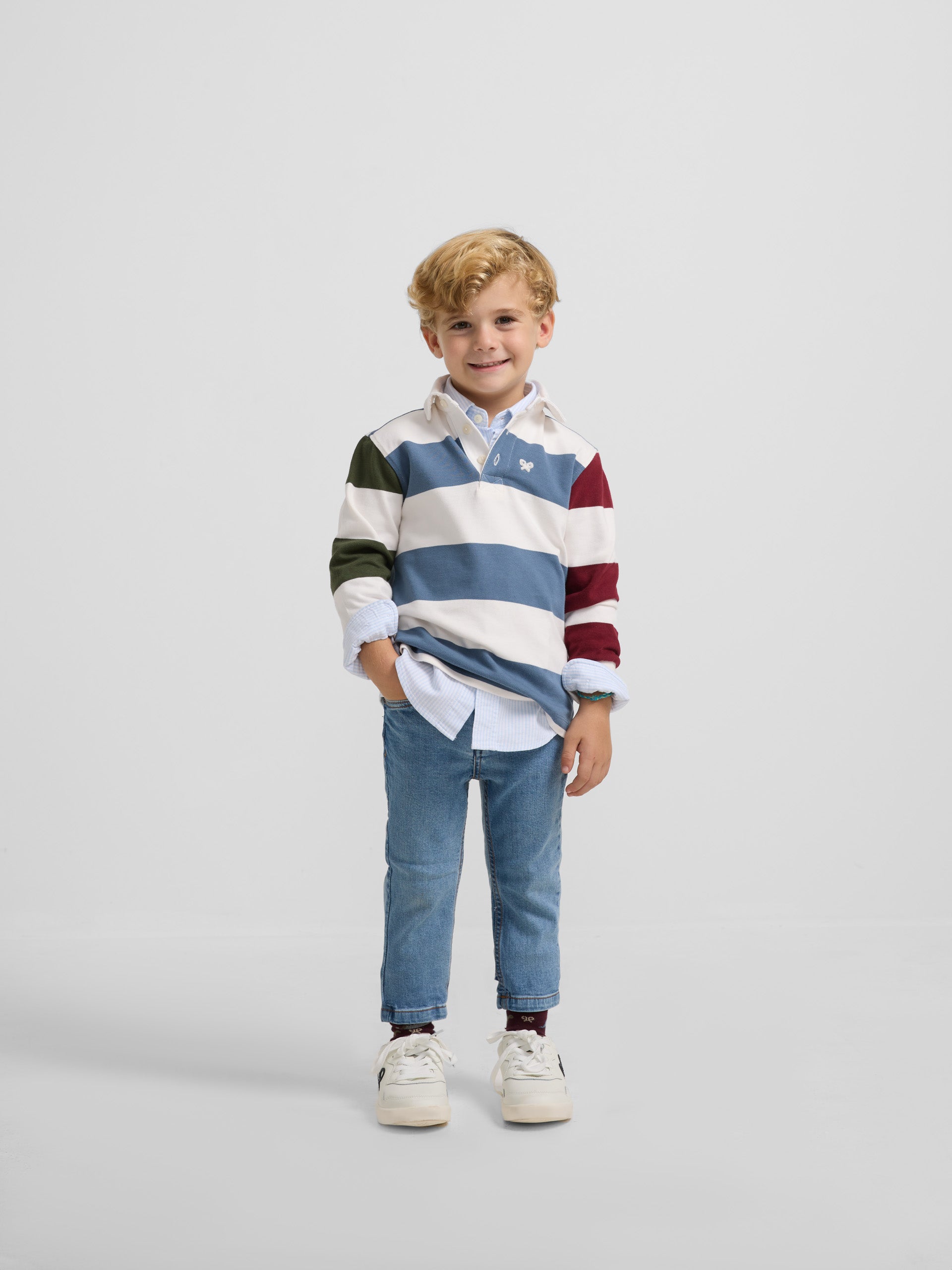 Classic kids polo shirt with multicoloured mid stripe