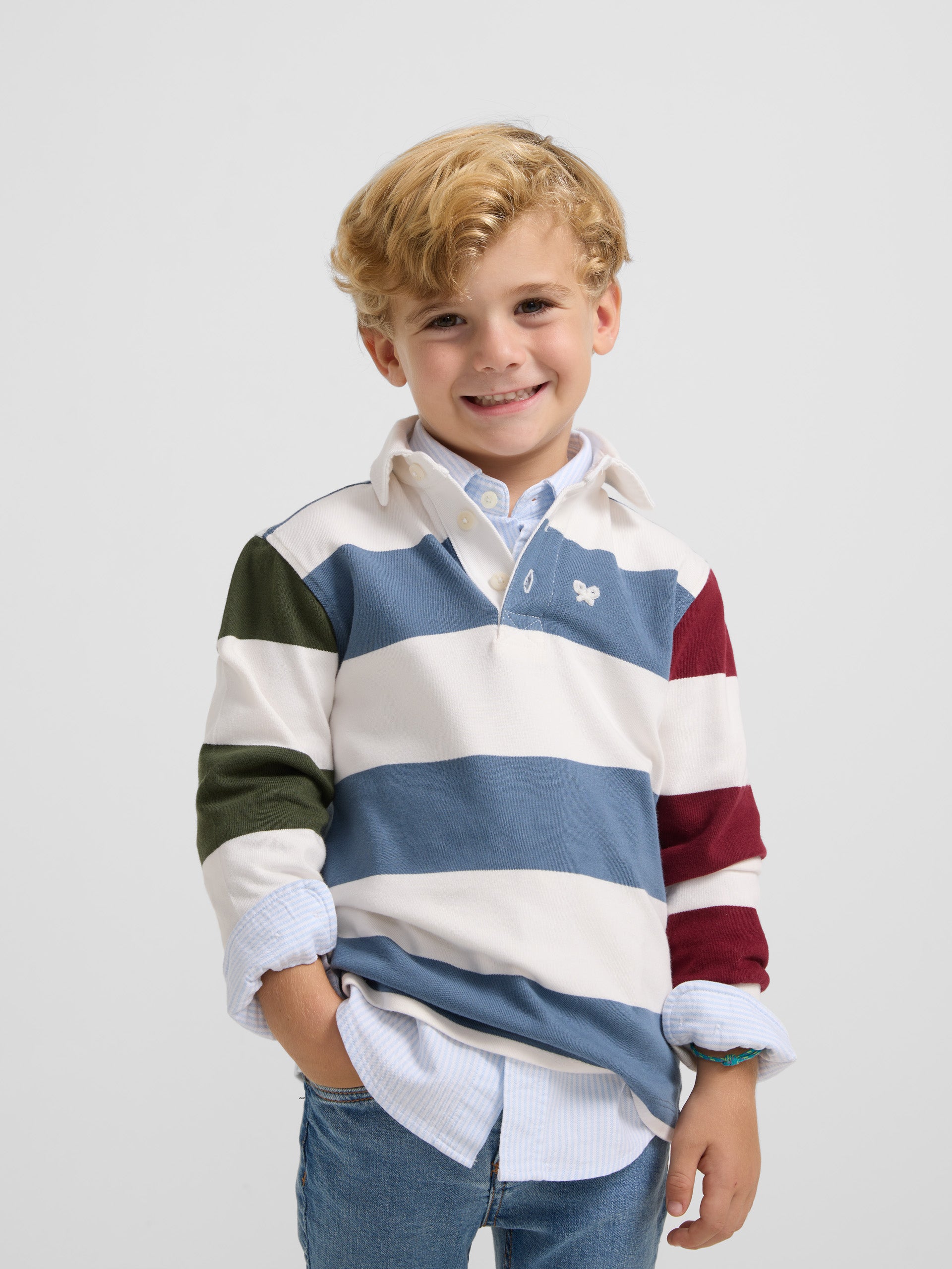 Classic kids polo shirt with multicoloured mid stripe