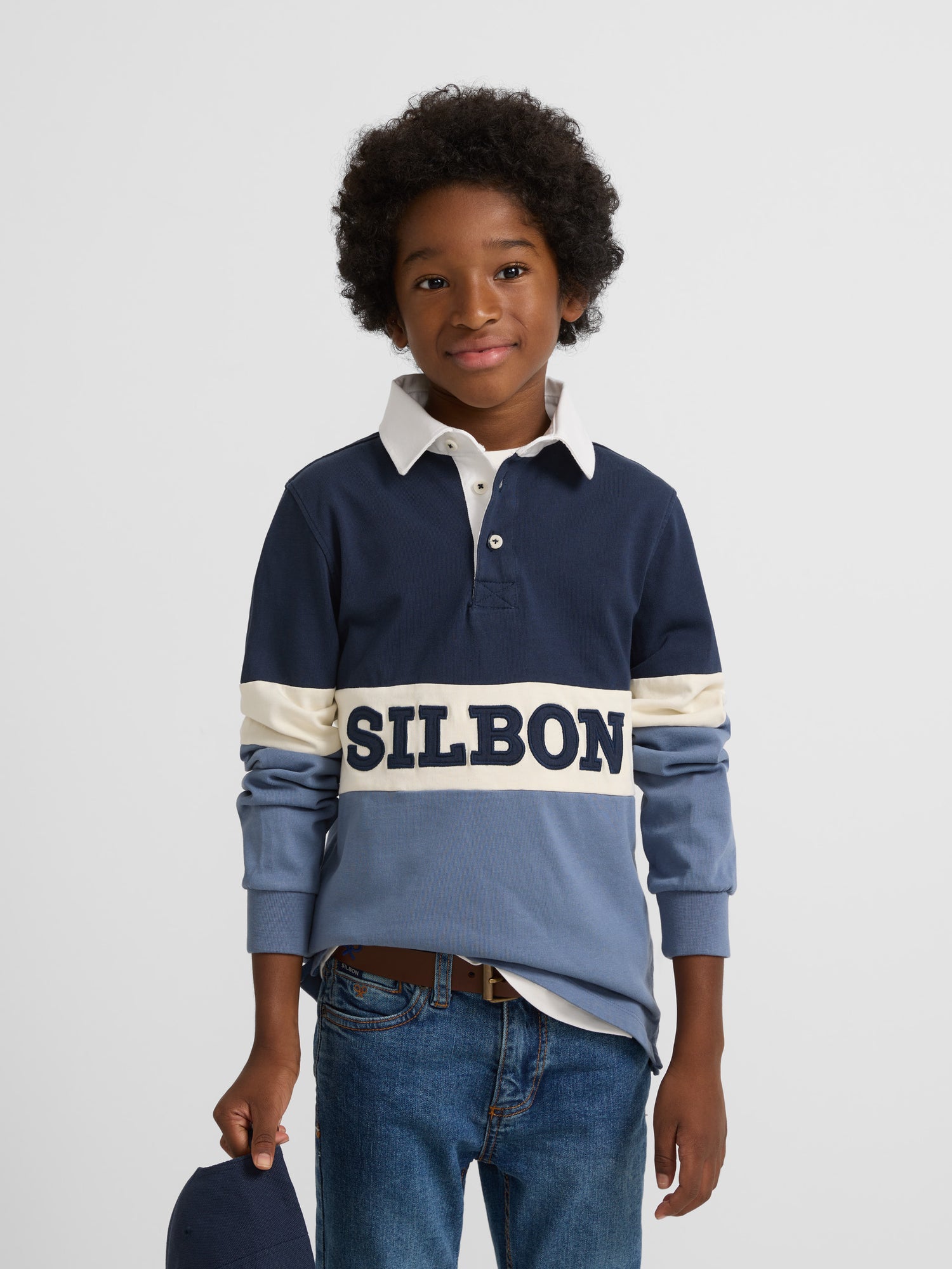 Kids classic rugby polo shirt with navy blue stripes