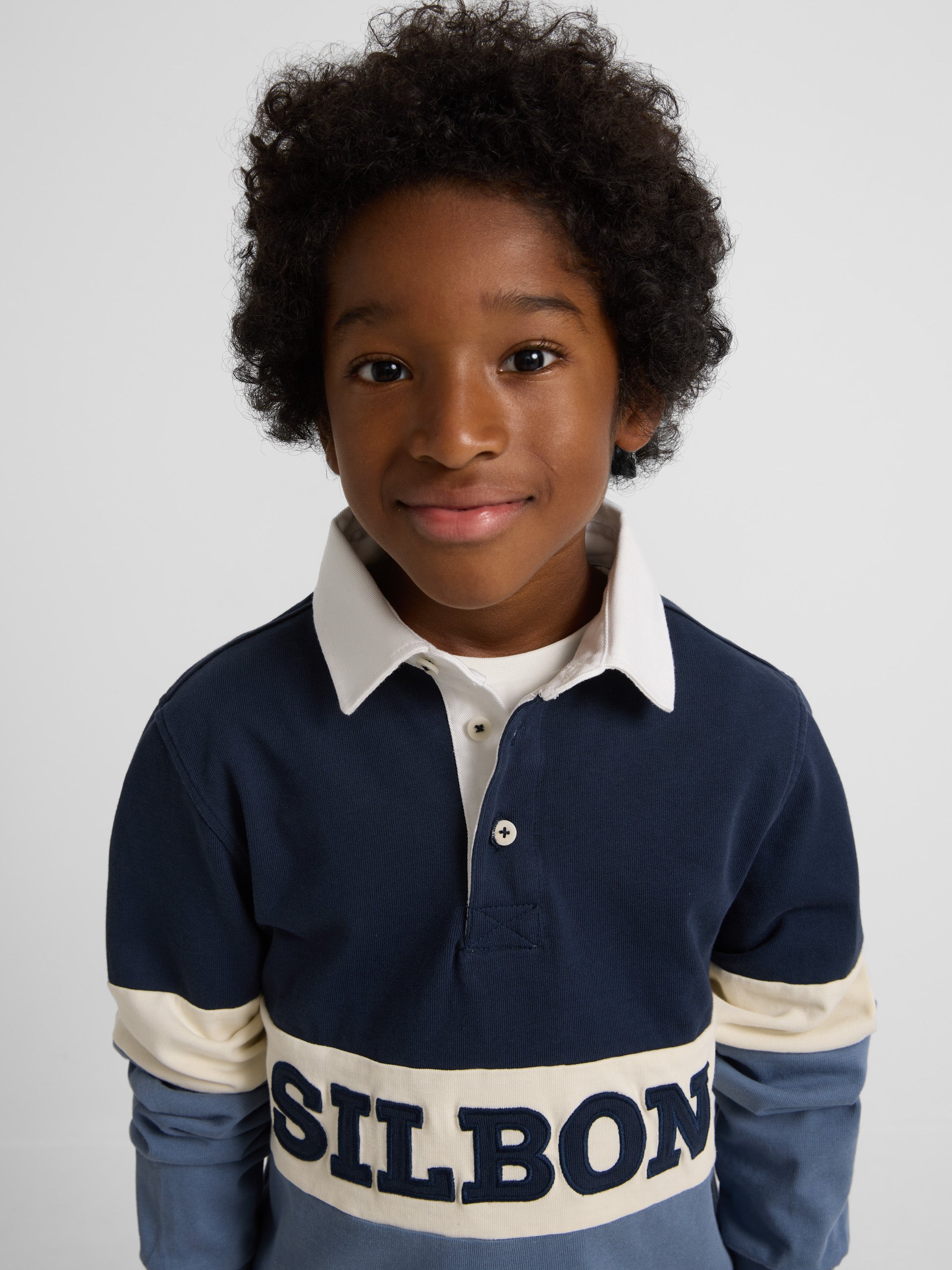 Kids classic rugby polo shirt with navy blue stripes