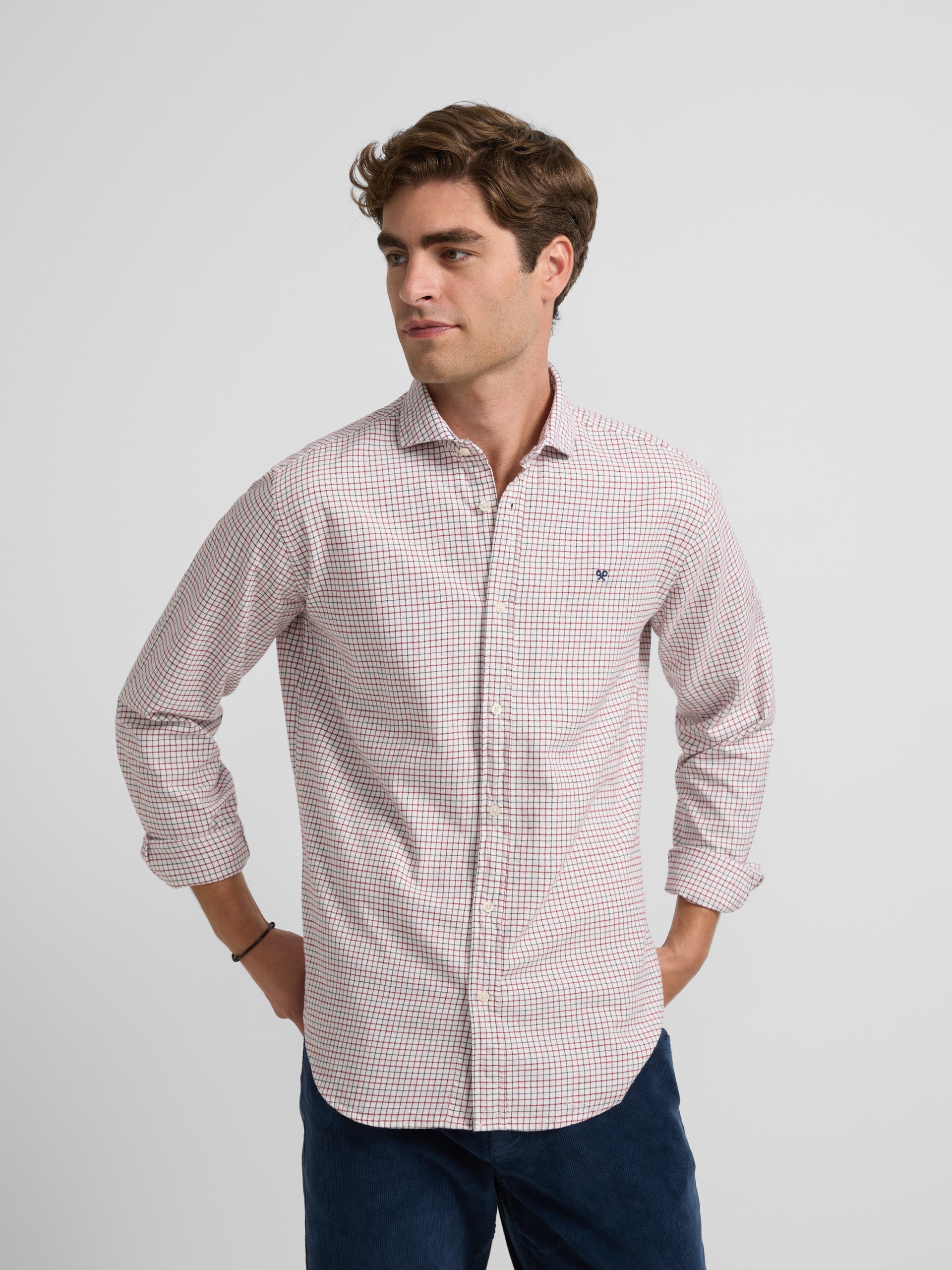 Hunter warm sport shirt, fine burgundy blue check